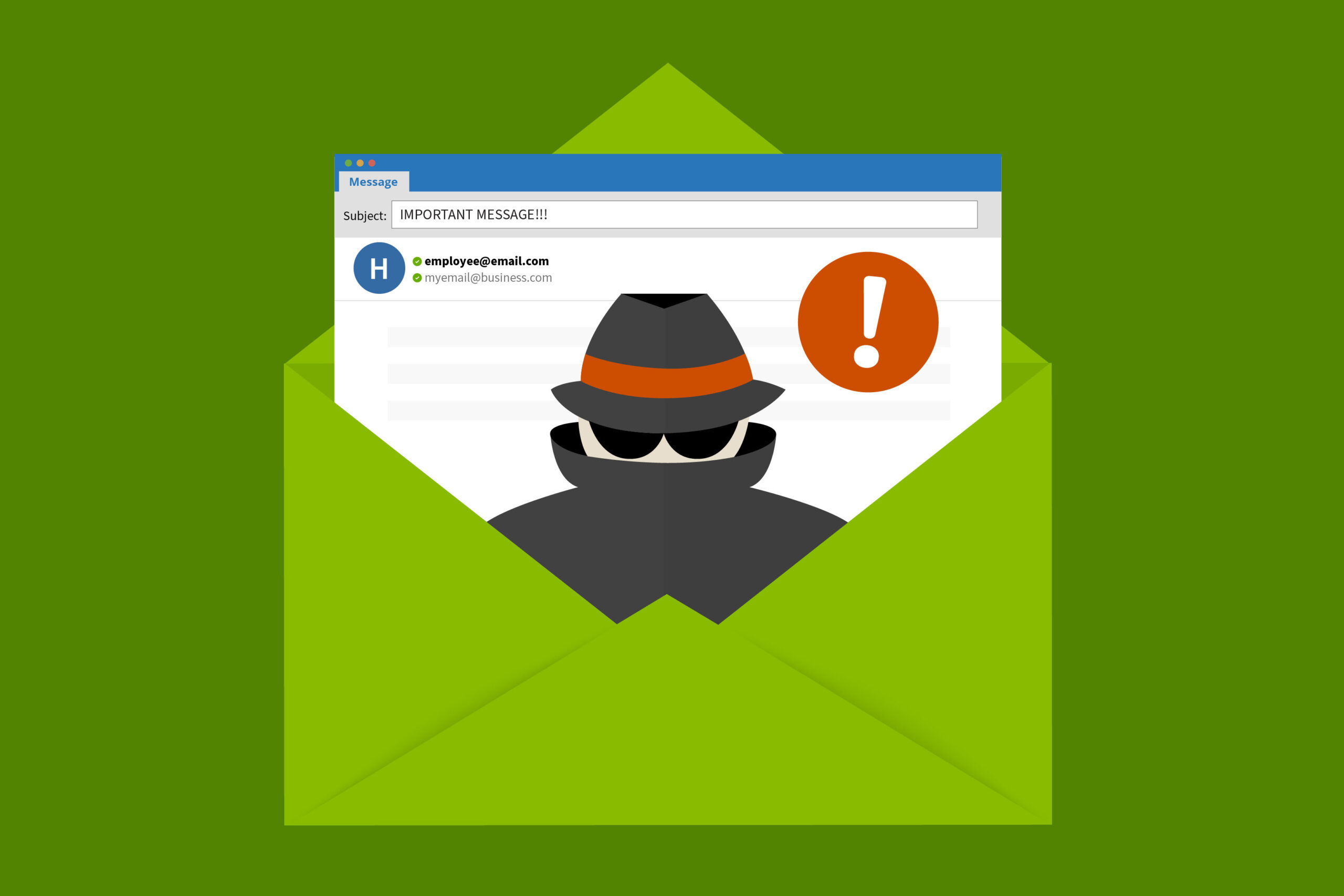 Illustration of an opened email with a hacker inside of...