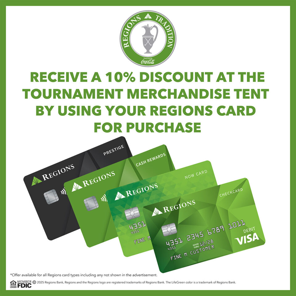 Receive a 10% discount using your Regions Card for purchase at Regions Tradition tournament.