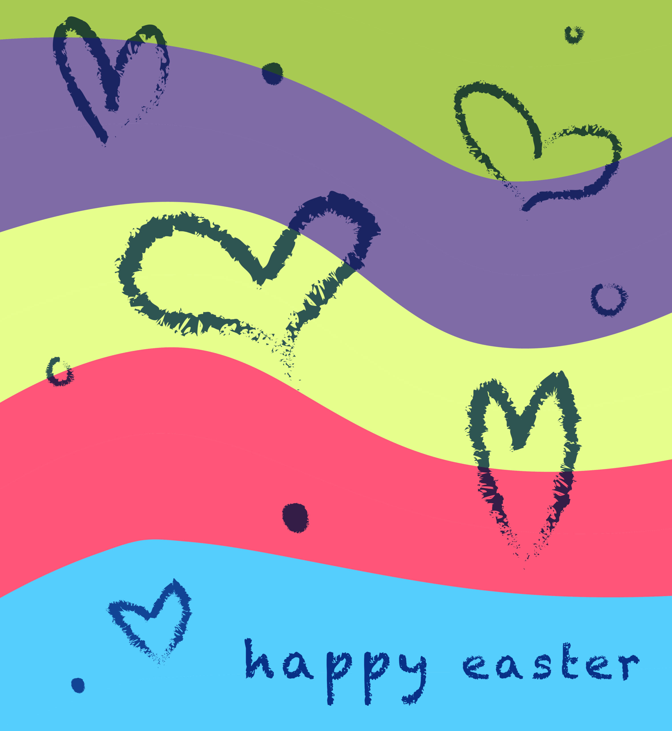 Colorful, wavy stripes with hand drawn hearts. Text: Happy Easter.