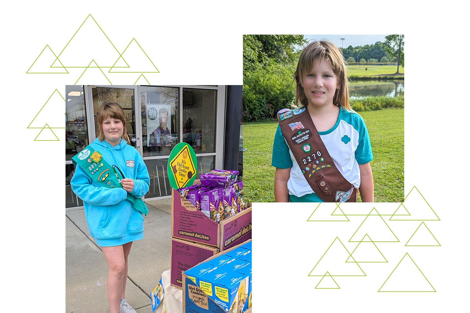 Photos of Genevieve Saylor, a Junior Girl Scout in her Girl Scout uniform and selling cookies.