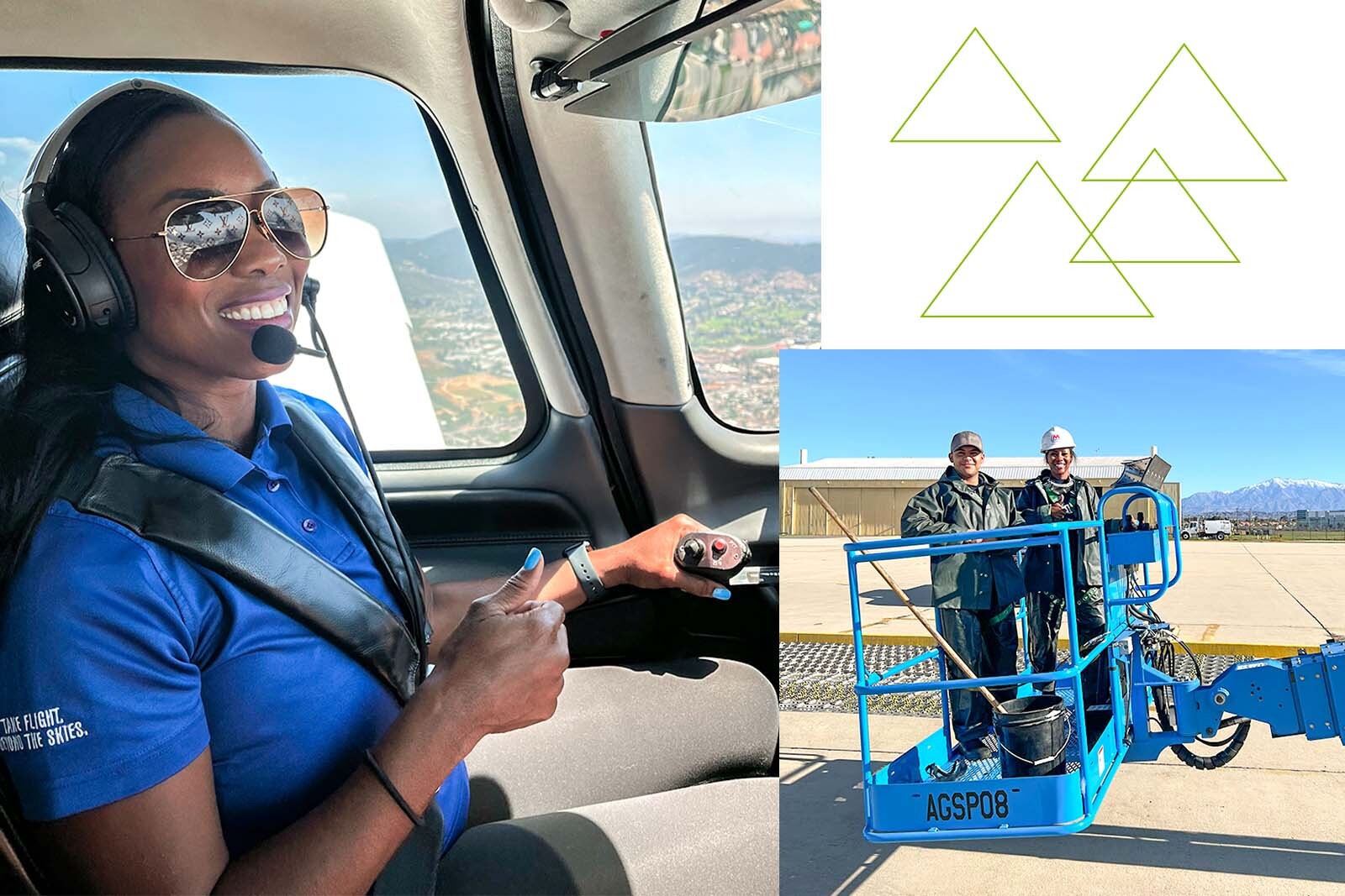 Photo collage of Tamiko Bailey inside a plane and on a boom lift.
