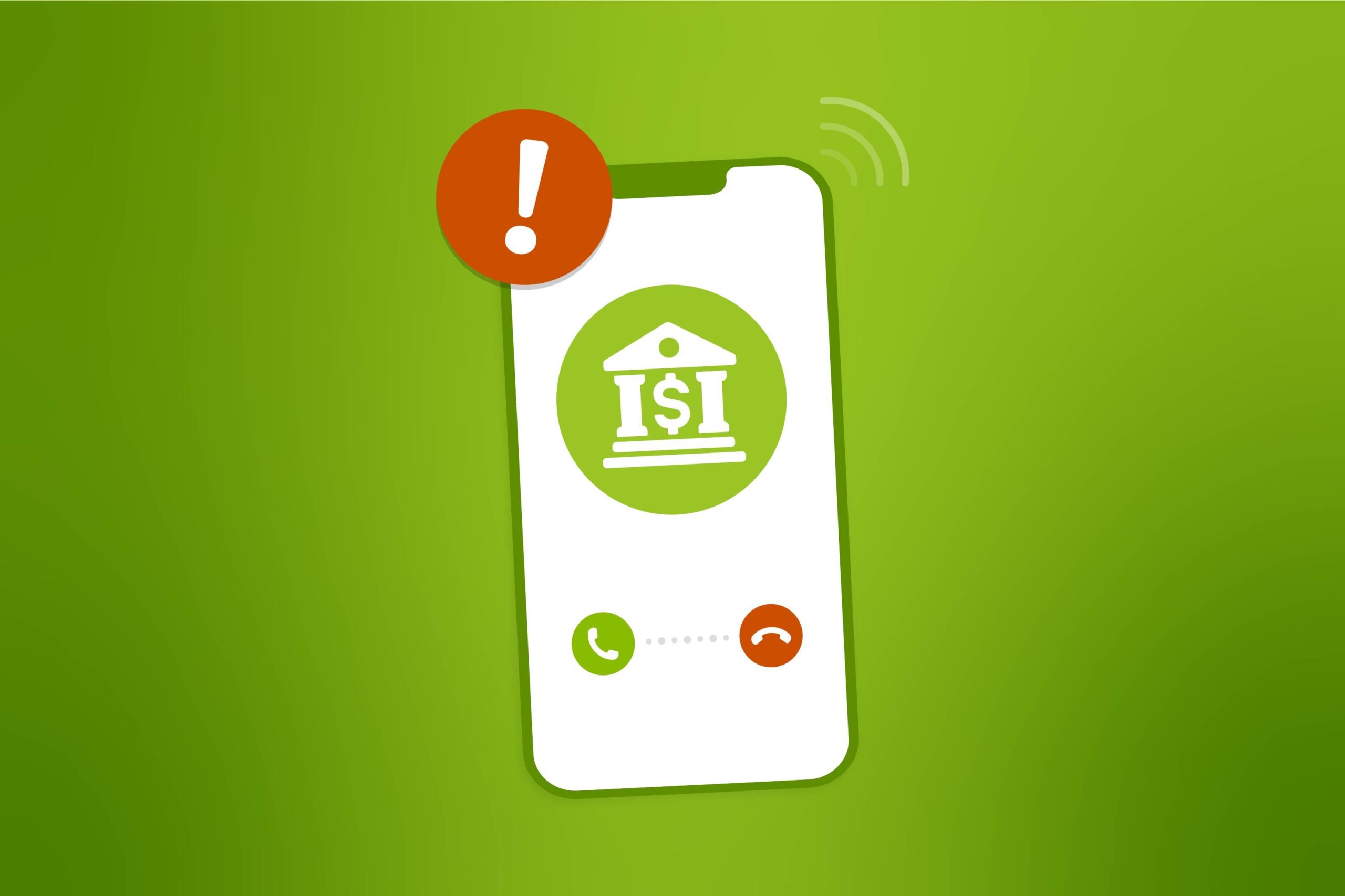 Incoming cell phone call from a bank and alert icon.