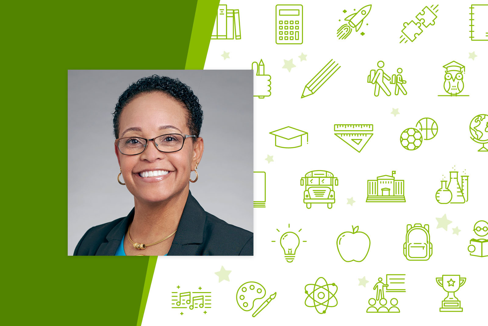 Jenise Wright and icons depicting aspects of education and teaching.