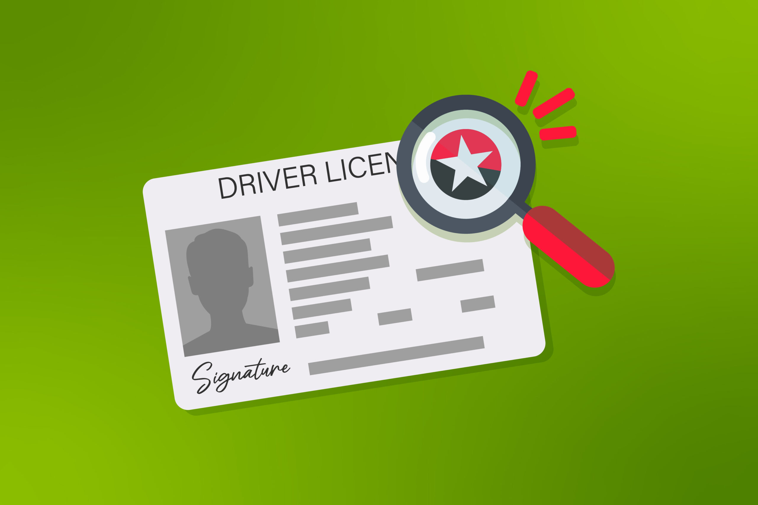 Illustration of a driver's license with a magnifying glass focussed...