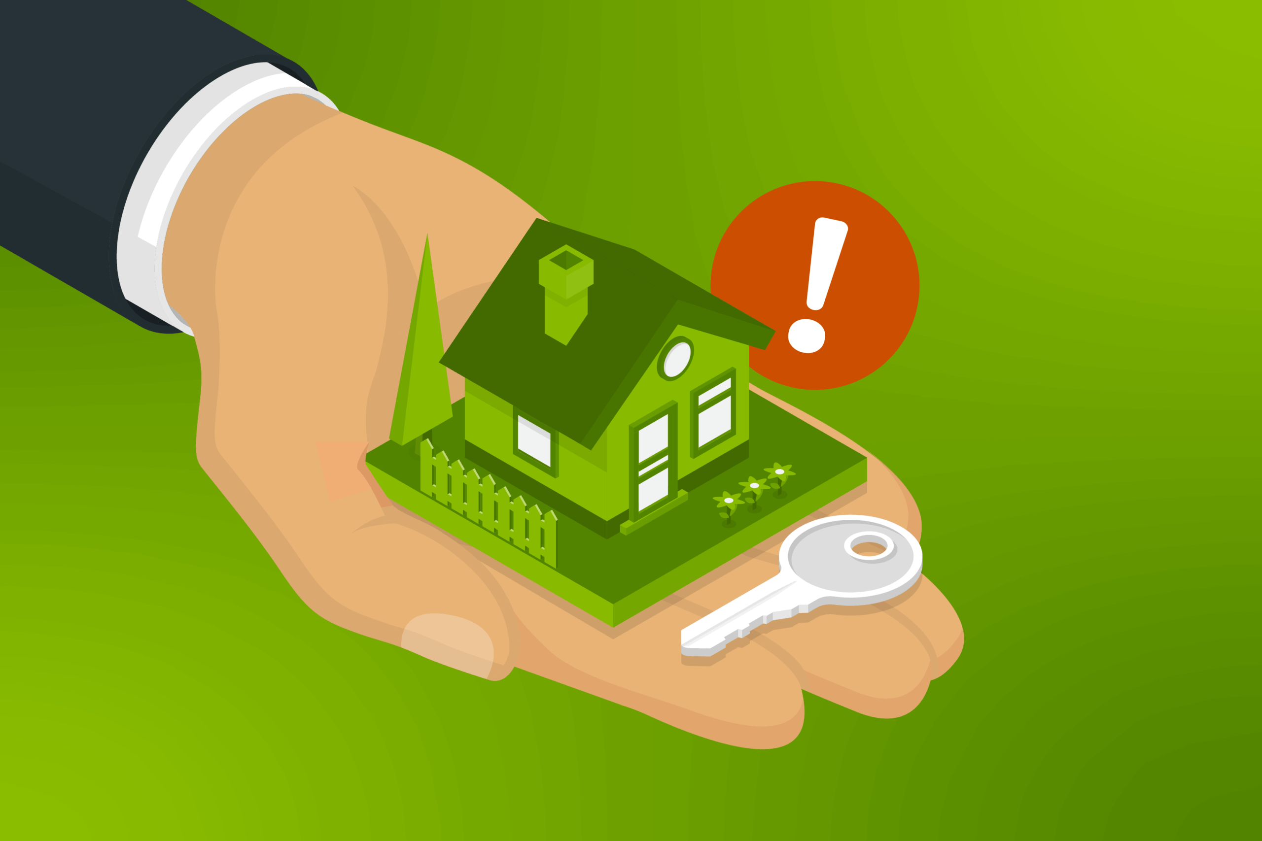 Mortgage fraud illustration of hand holding a house model and...