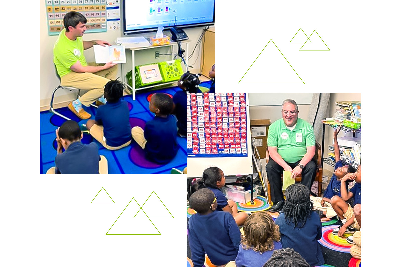 2 photo collage showing two men reading to a group of children in a classroom.