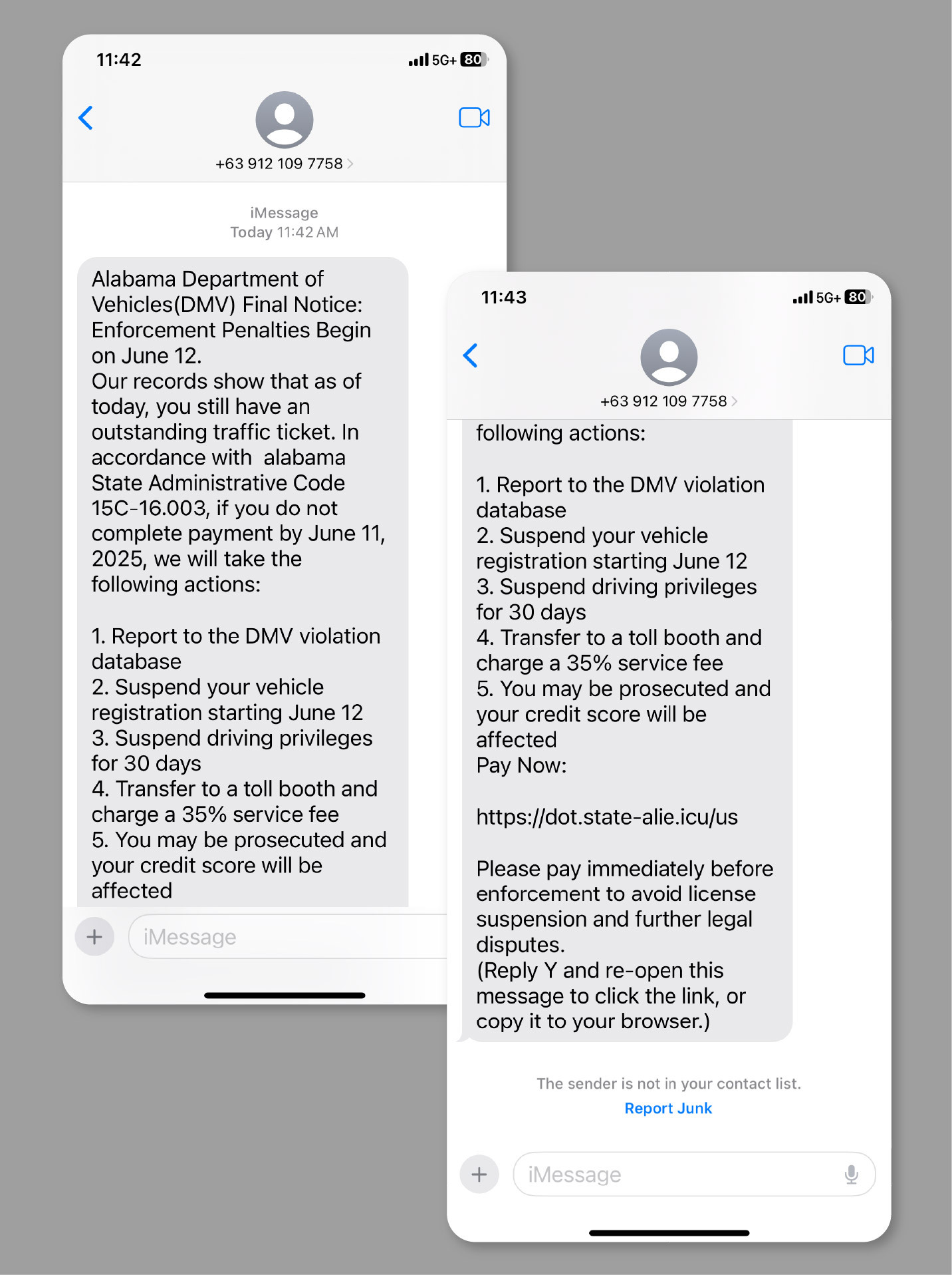 Screenshots of example DMV text scams.