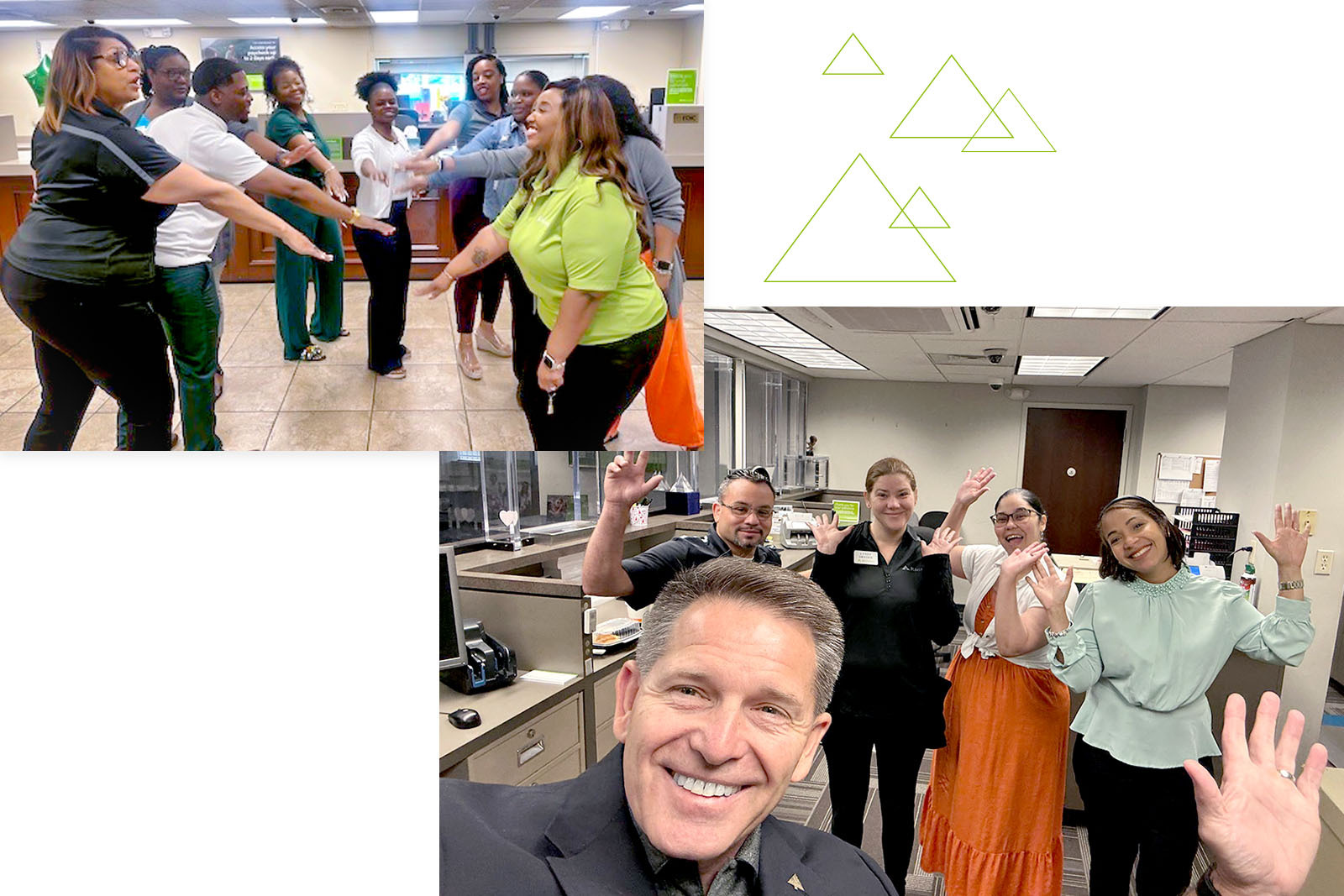 Collage of two Regions Saturday banking teams. The top left image features a team placing their hands in a circle and the bottom right photo features a group photo of a team all waving and smiling at the camera. 