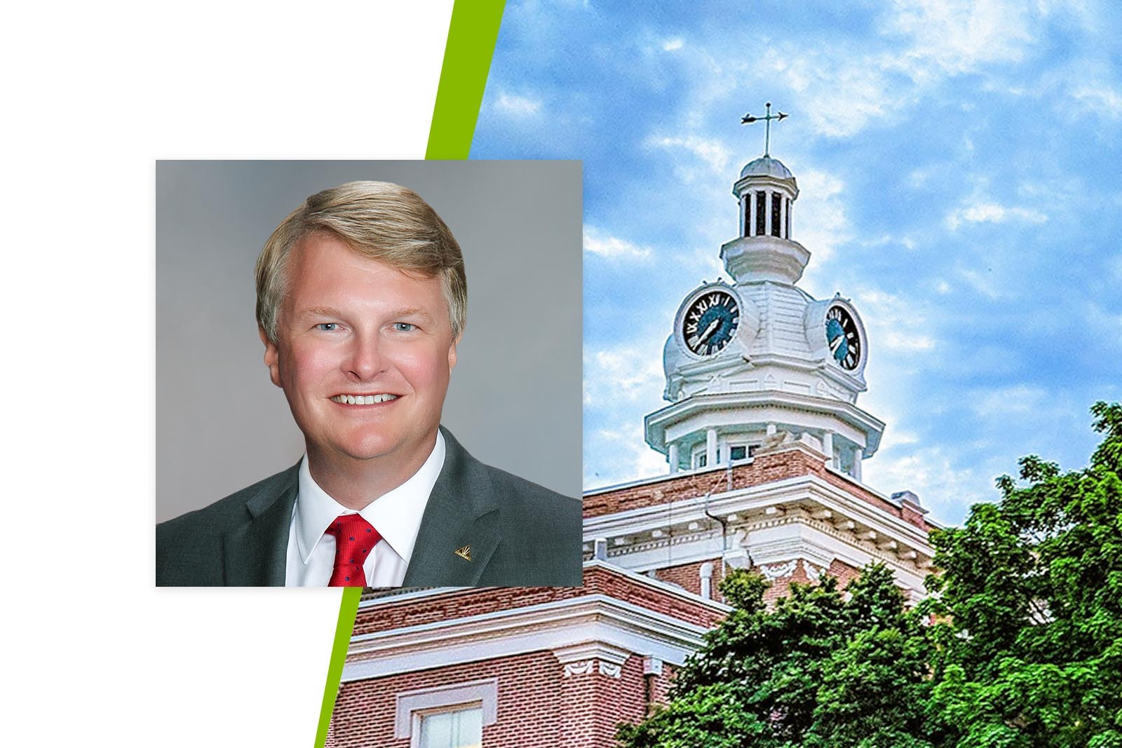 Justin Burriss, Murfreesboro Market Executive headshot and a City hall...