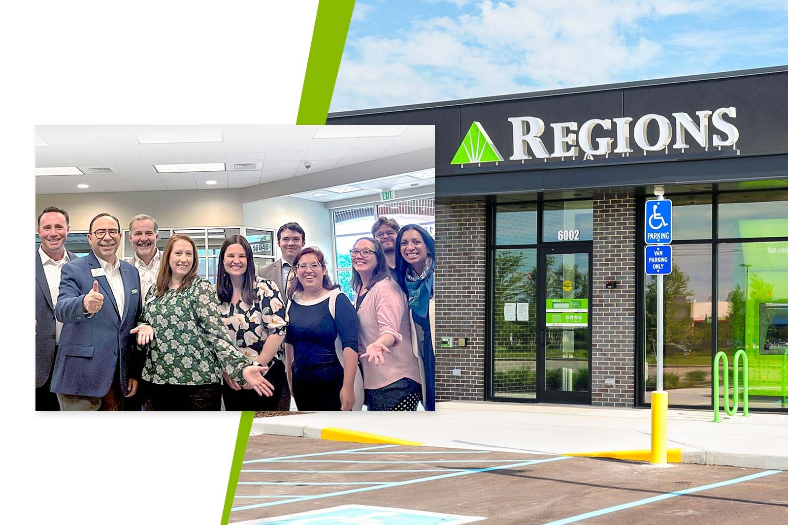 Collage of Regions Anson branch exterior and a team of...