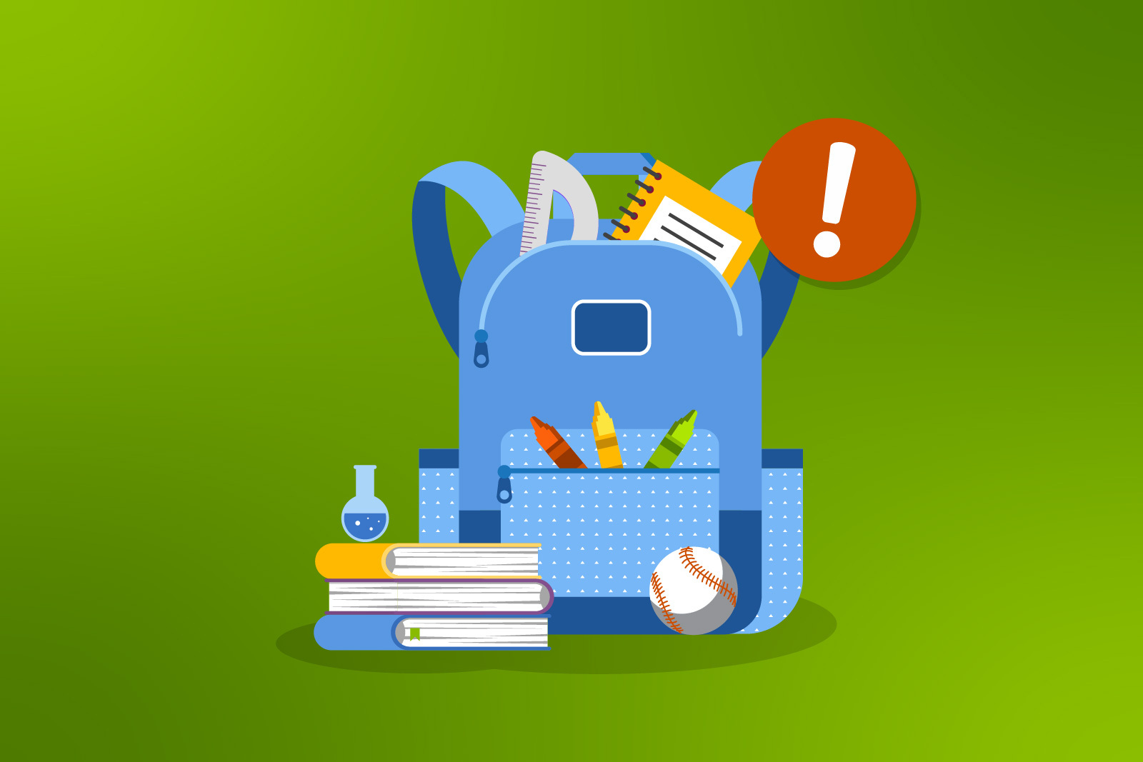 Back-to-school scams illustration: a backpack with school supplies peeking out...