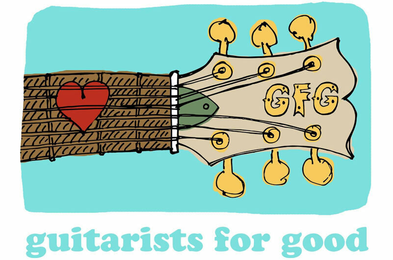 Guitarists for Good, logo. An illustration of the fret of a guitar with a heart on it. 