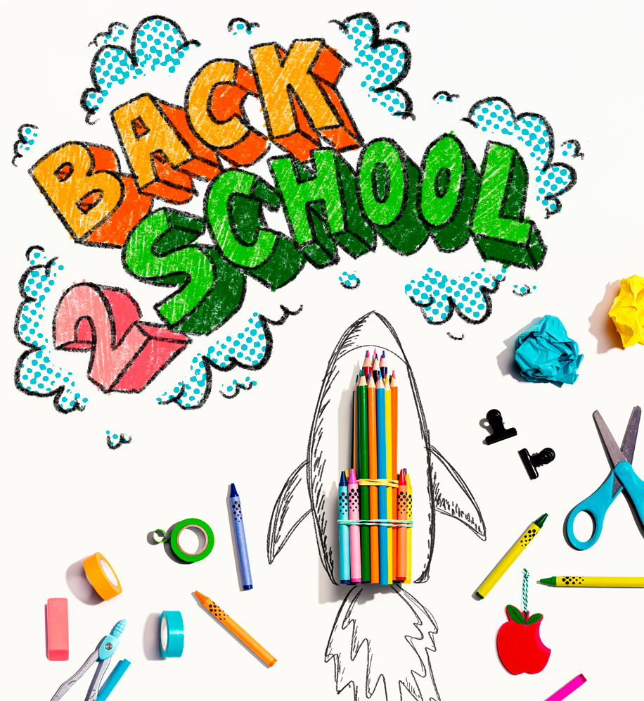 "Back 2 School" and a rocket drawn with colored pencils. School supplies lie around the drawing.
