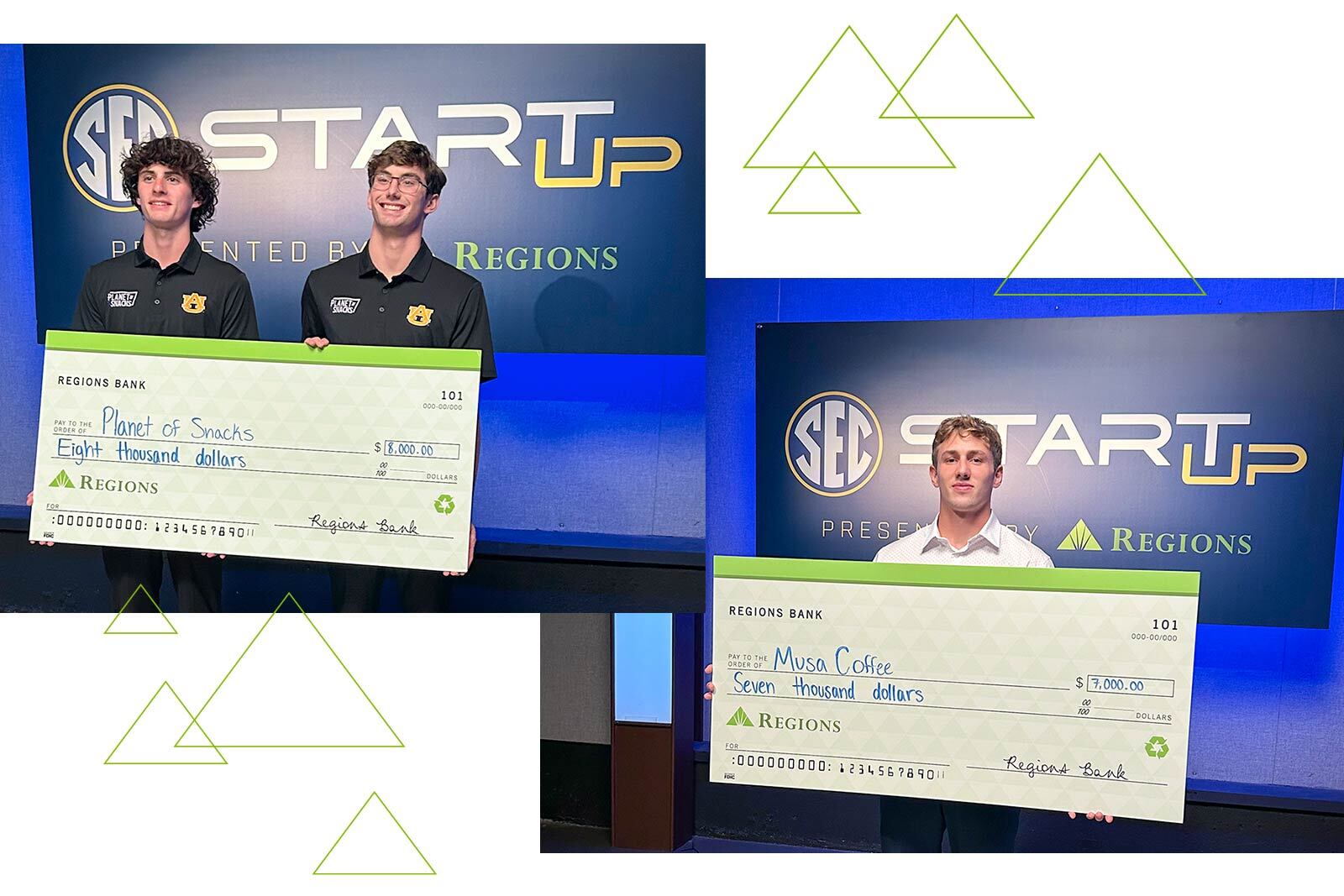 SEC second place winners Liam Heary and Harrison Ranier, Auburn University Swimming & Diving for Planet of Snacks. Third Place winner Joaquin Gonzalez Pinero, University of Florida Swimming & Diving for Musa Coffee.