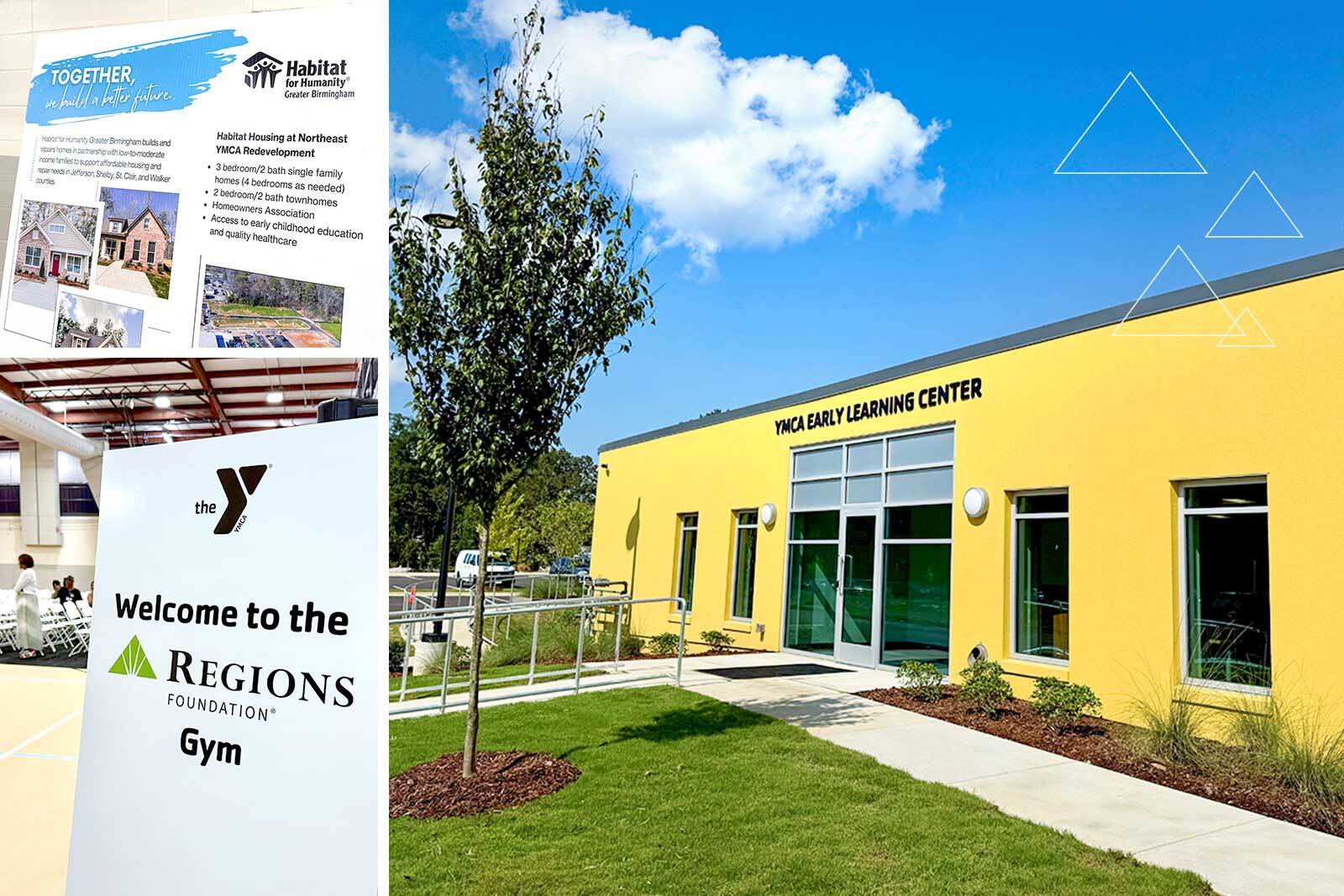 Habitat for Humanity sign, welcome to the Region Foundation sign in the gym, and new YMCA Early Learning Center exterior.