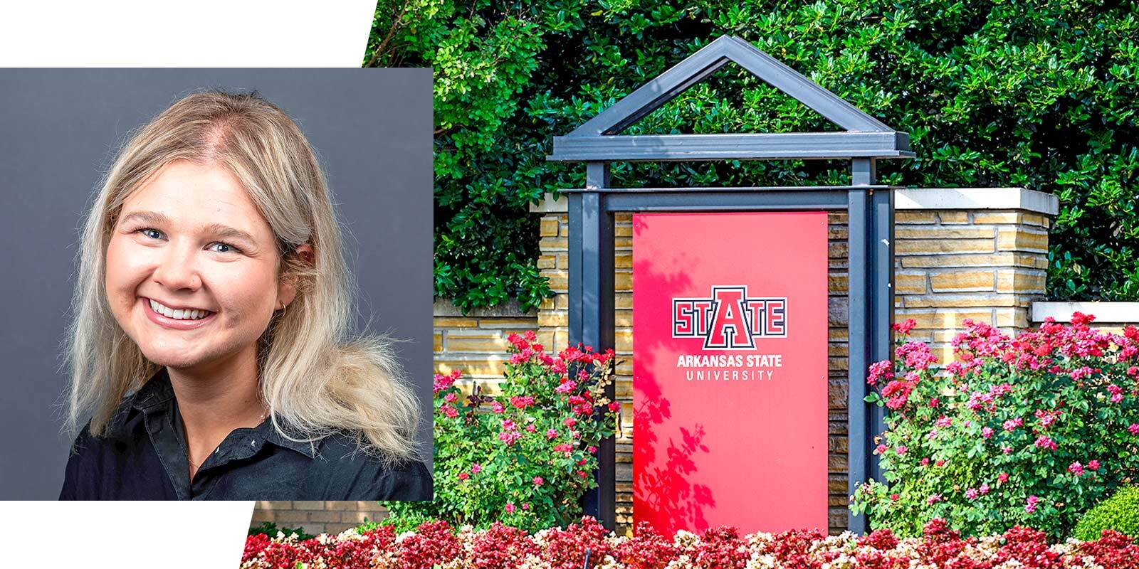 Jenny Keller headshot and Arkansas State University sign.
