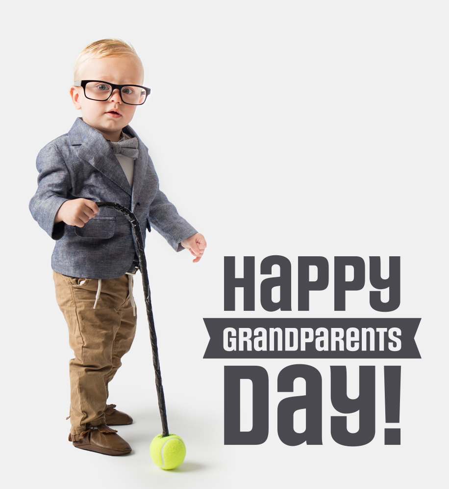 Toddler wearing large glasses and holding walking cane. Text: Happy Grandparents Day.