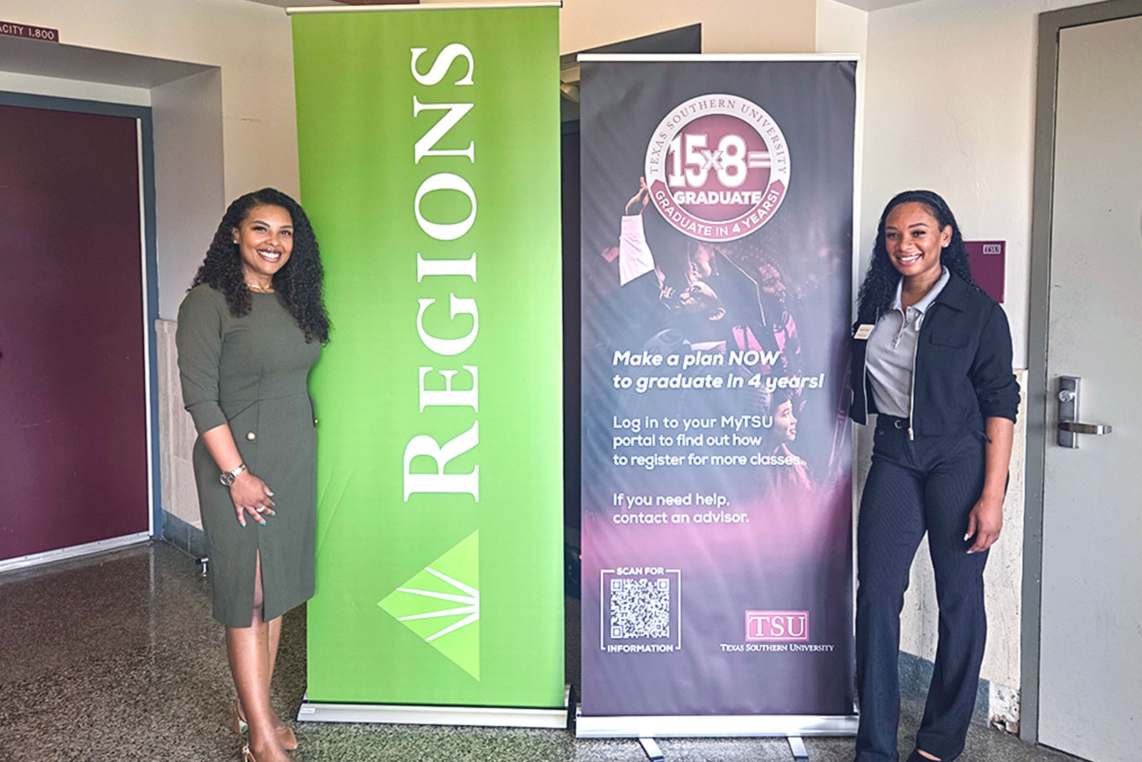 Shawntay Johnson and Associate with Regions and TSU banners.