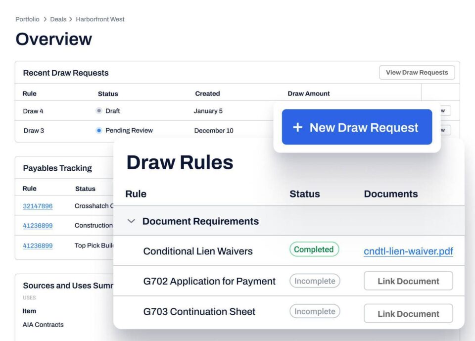 Screenshots of the "Overview" and "Draw Rules" panels, as well as the "New Draw Rules" button on the Built platform. 