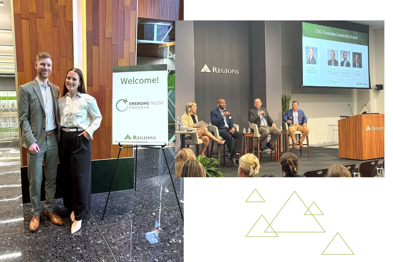 Emerging Talent Program welcome sign and CBG Executive Leadership Panel shot. 