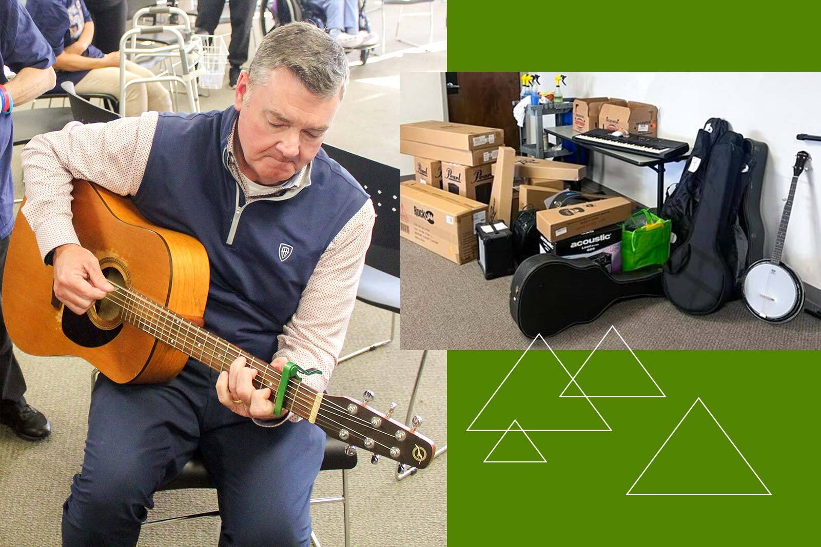 Terry Hoey playing guitar and donated instruments.
