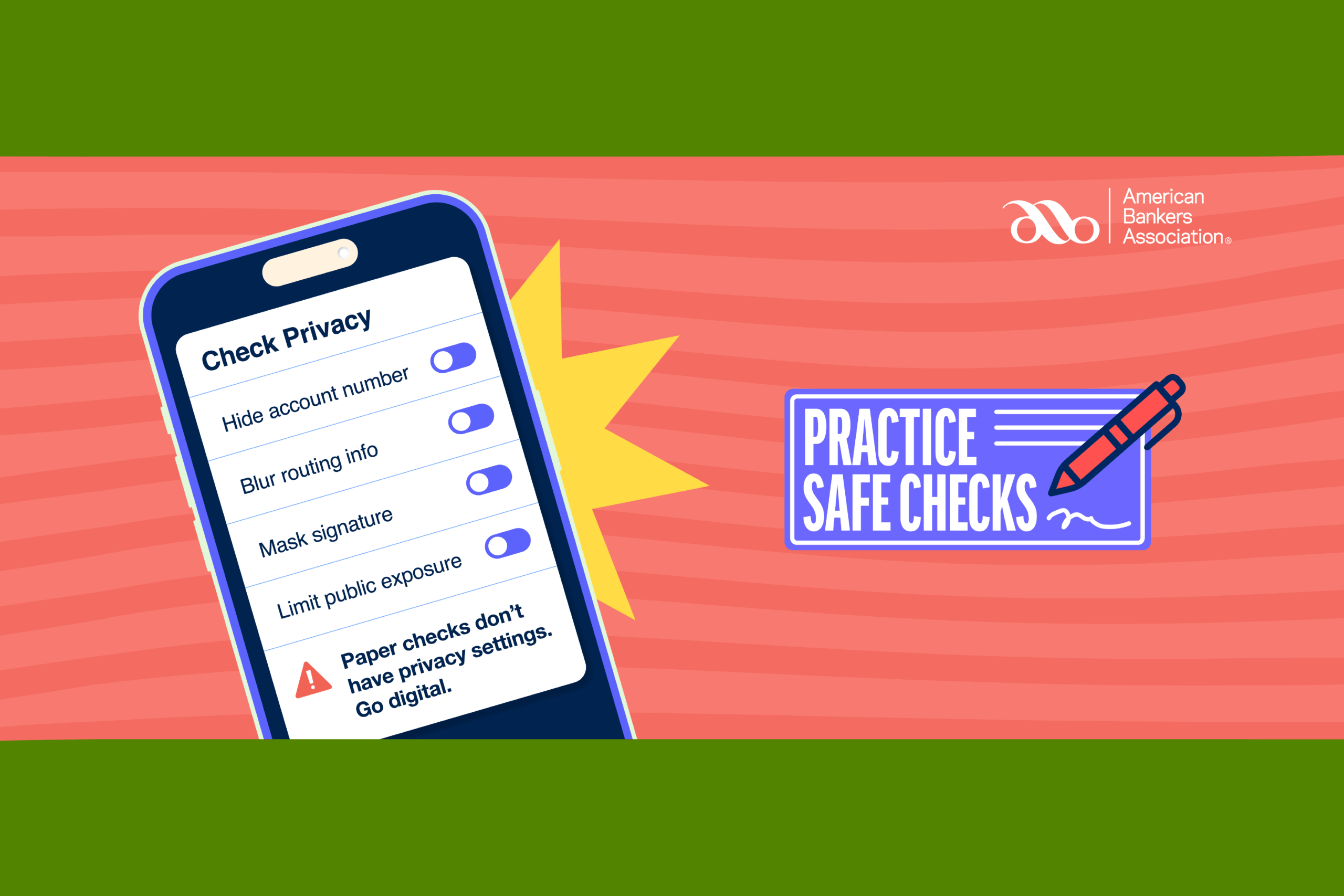 Practice Safe Checks graphic with a cellphone and American Bankers...