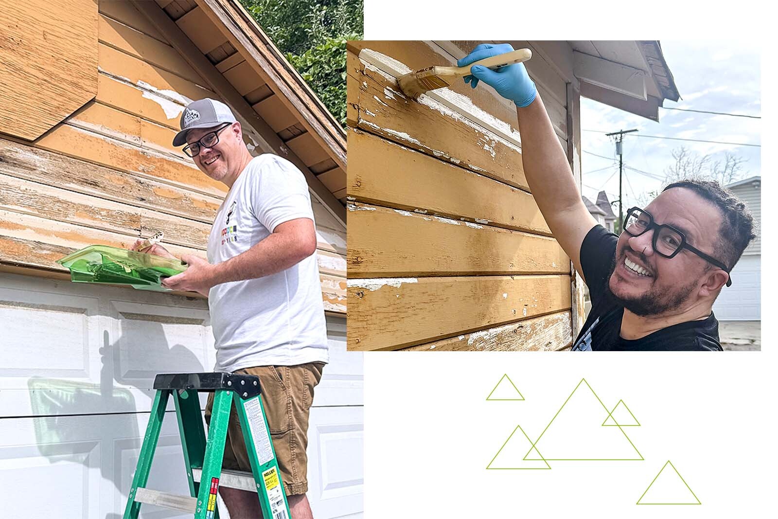 Collage of two photos showing male volunteers painting. 