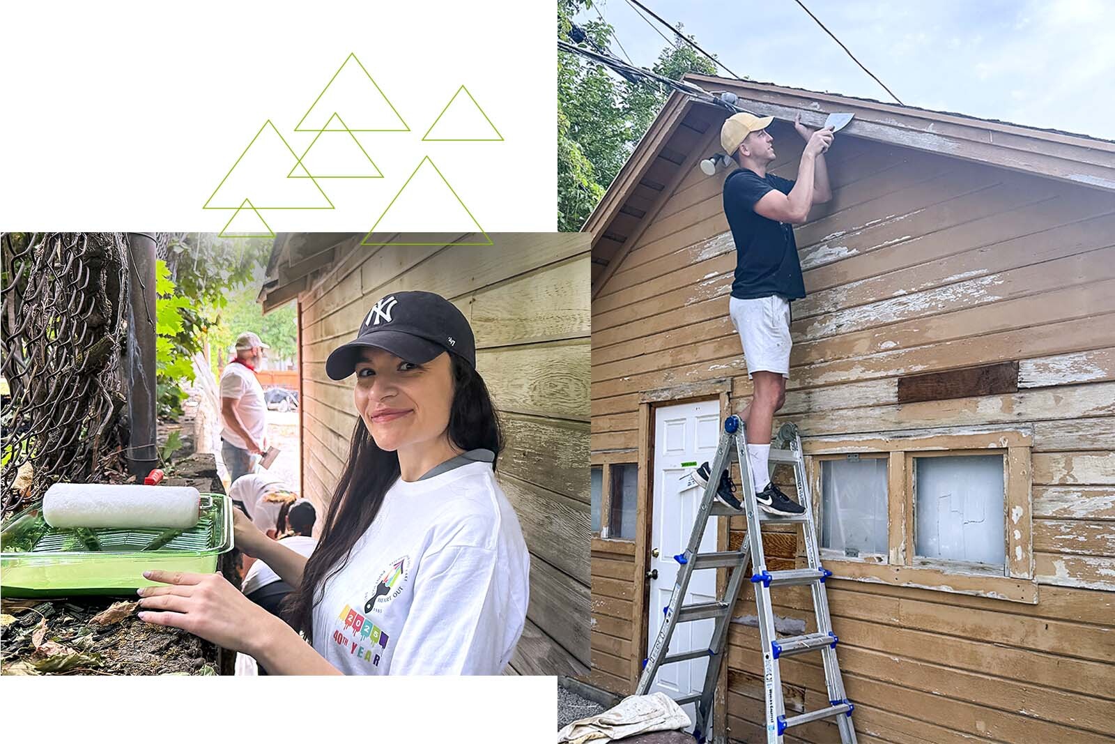 Collage of two photos showing male and female volunteers painting. 