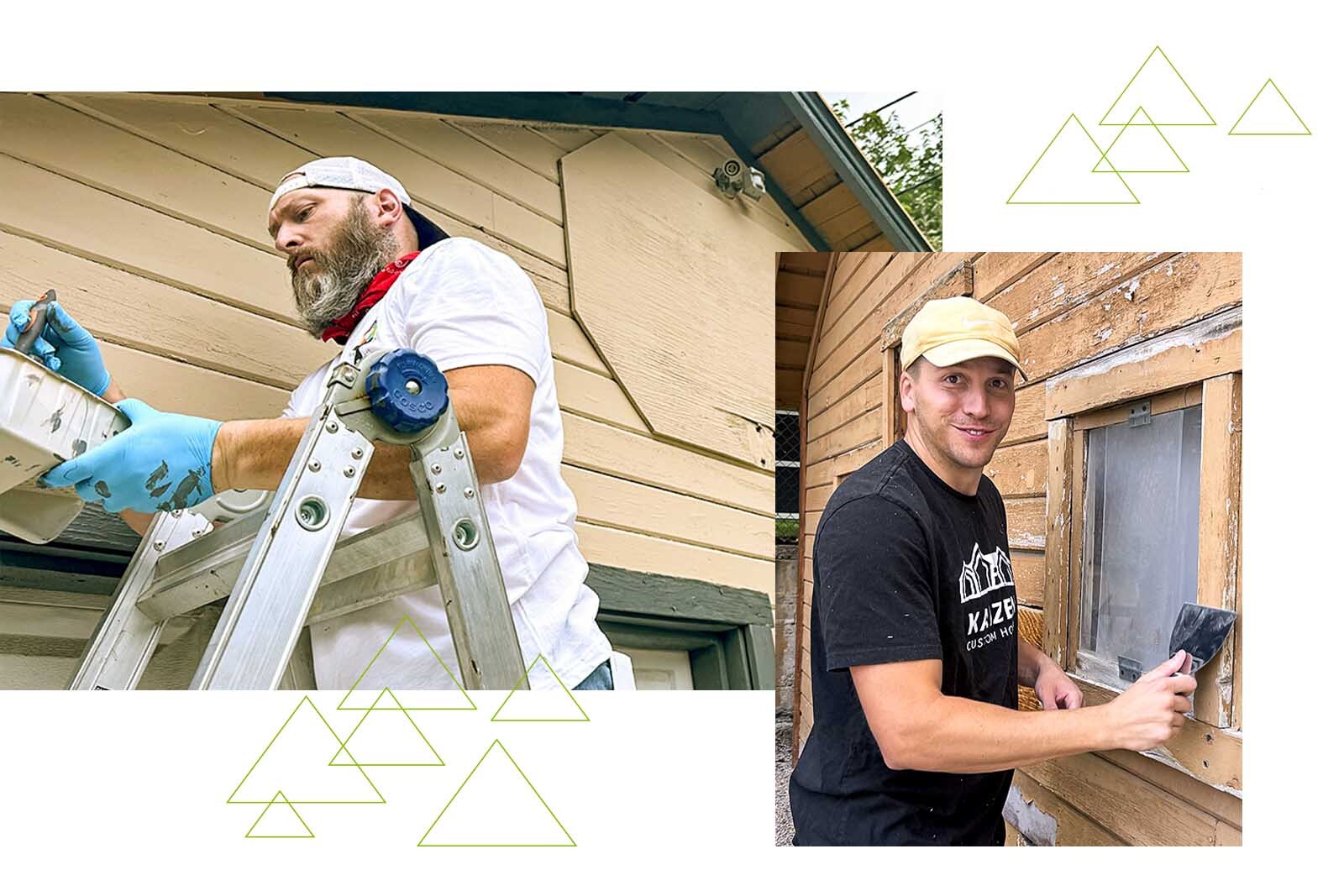 Photo collage featuring Jared Witte on a ladder while painting...