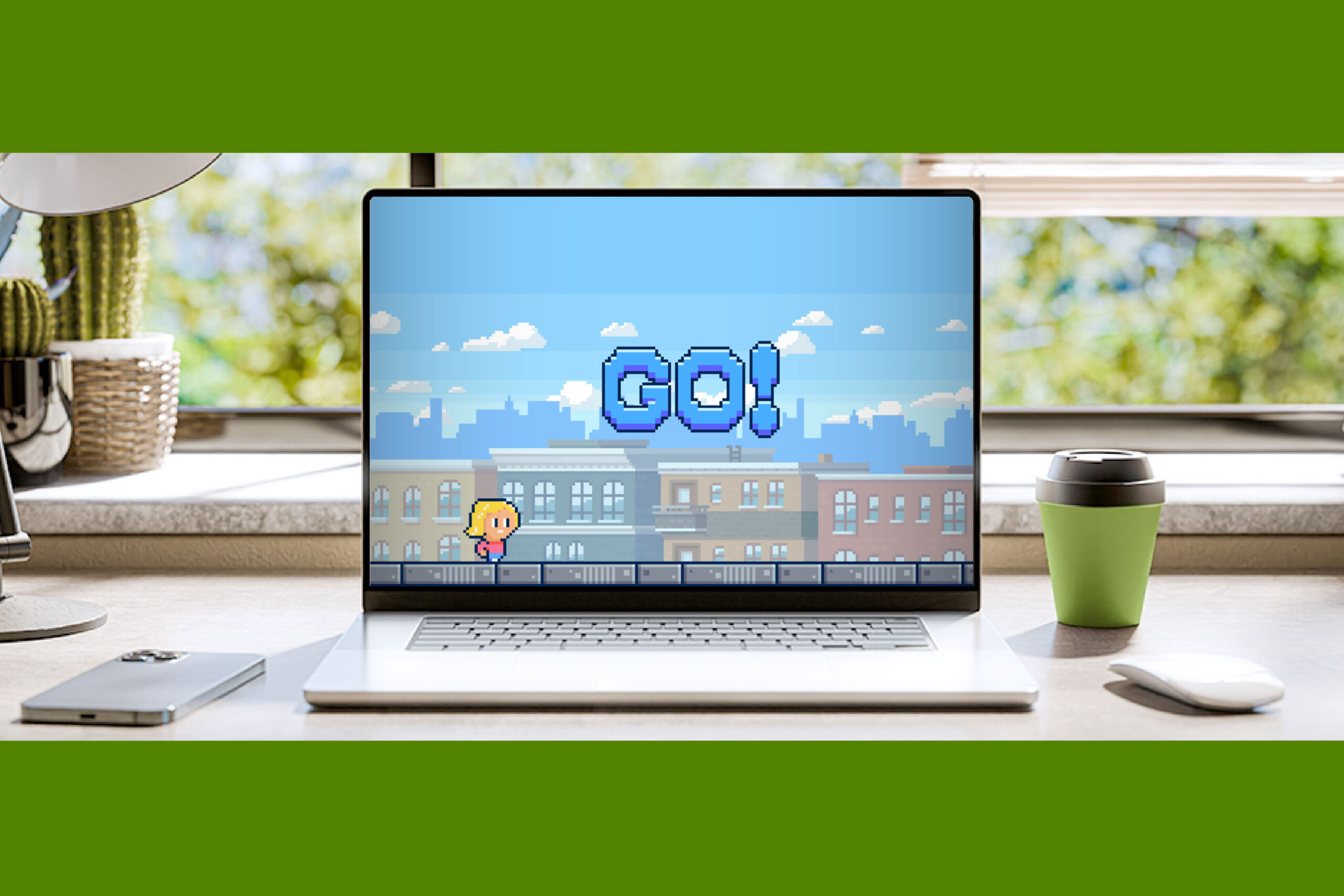 Laptop on a desk with the gameplay screen of "Scam...