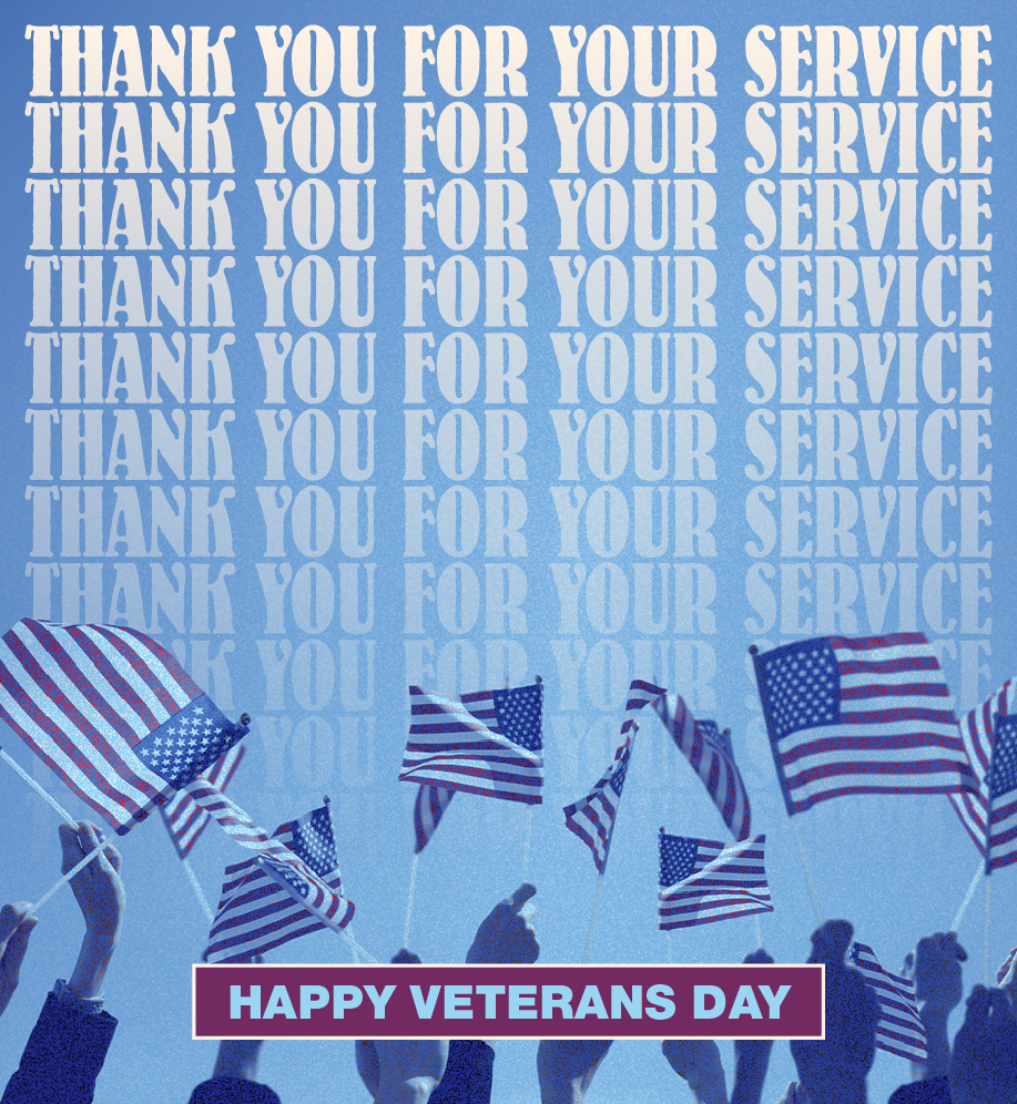 Hands waving American flags. Text: Thank you for your service. Happy Veterans Day.