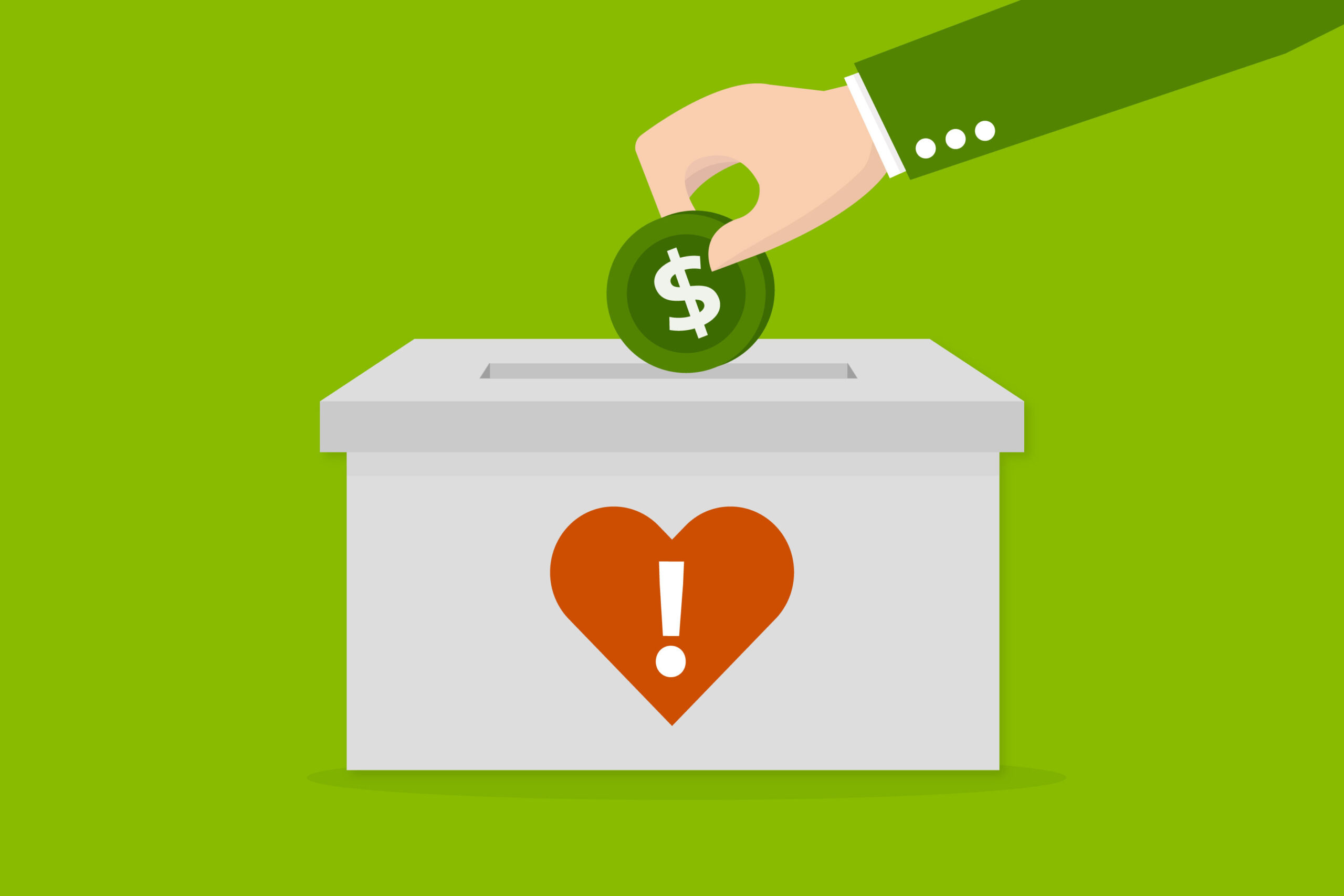 Illustration of a hand donating to a charity box with...