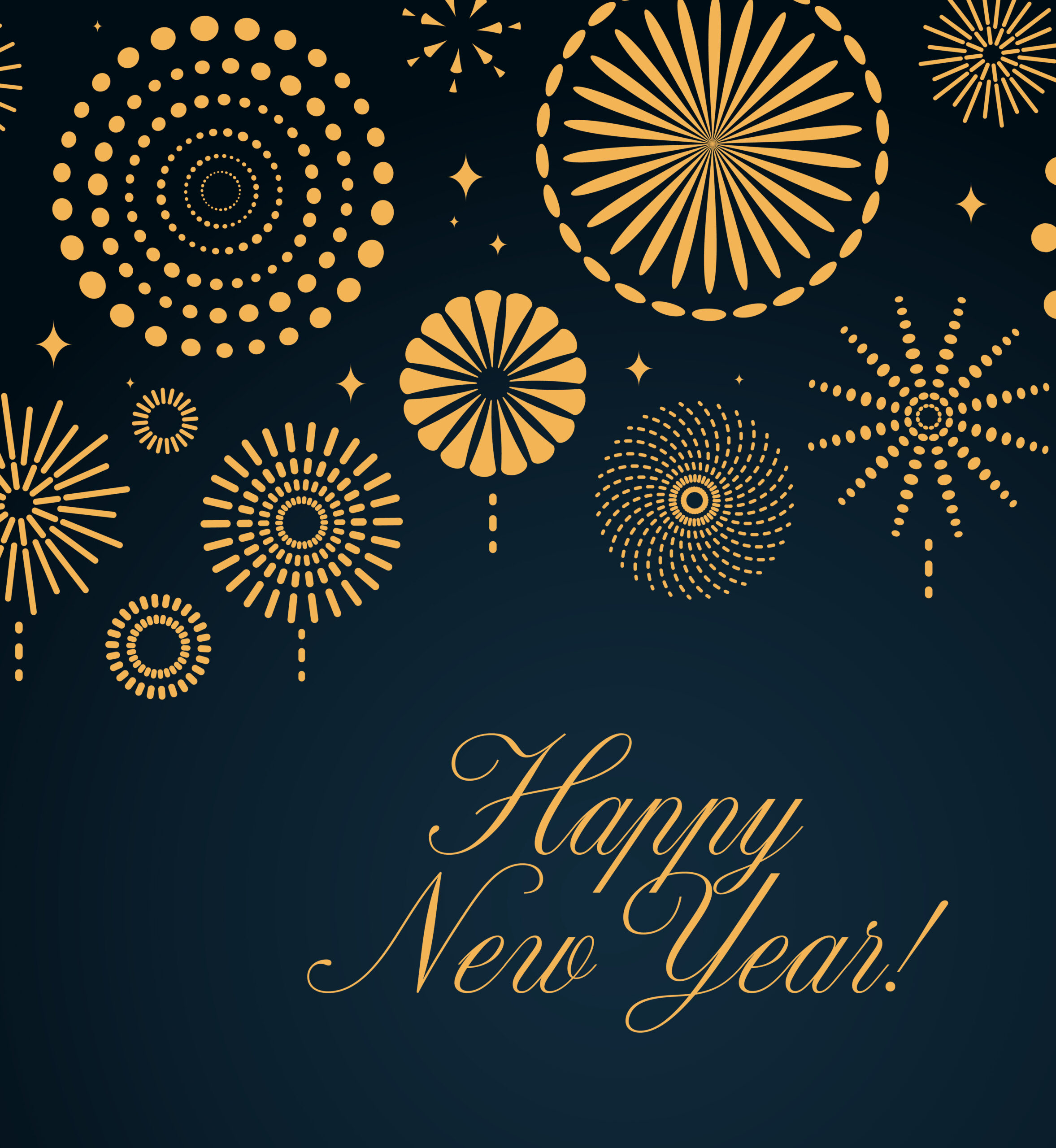 Firework illustrations. Text: Happy New Year.