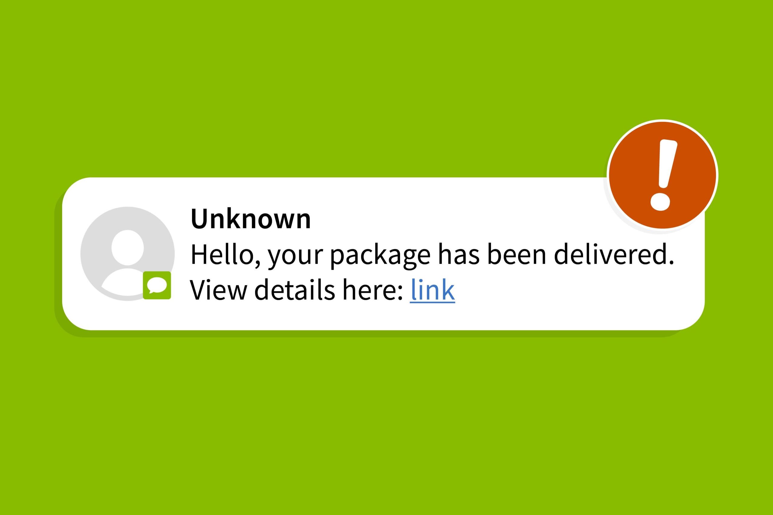 Delivery link text message from unknown sender with warning sign.