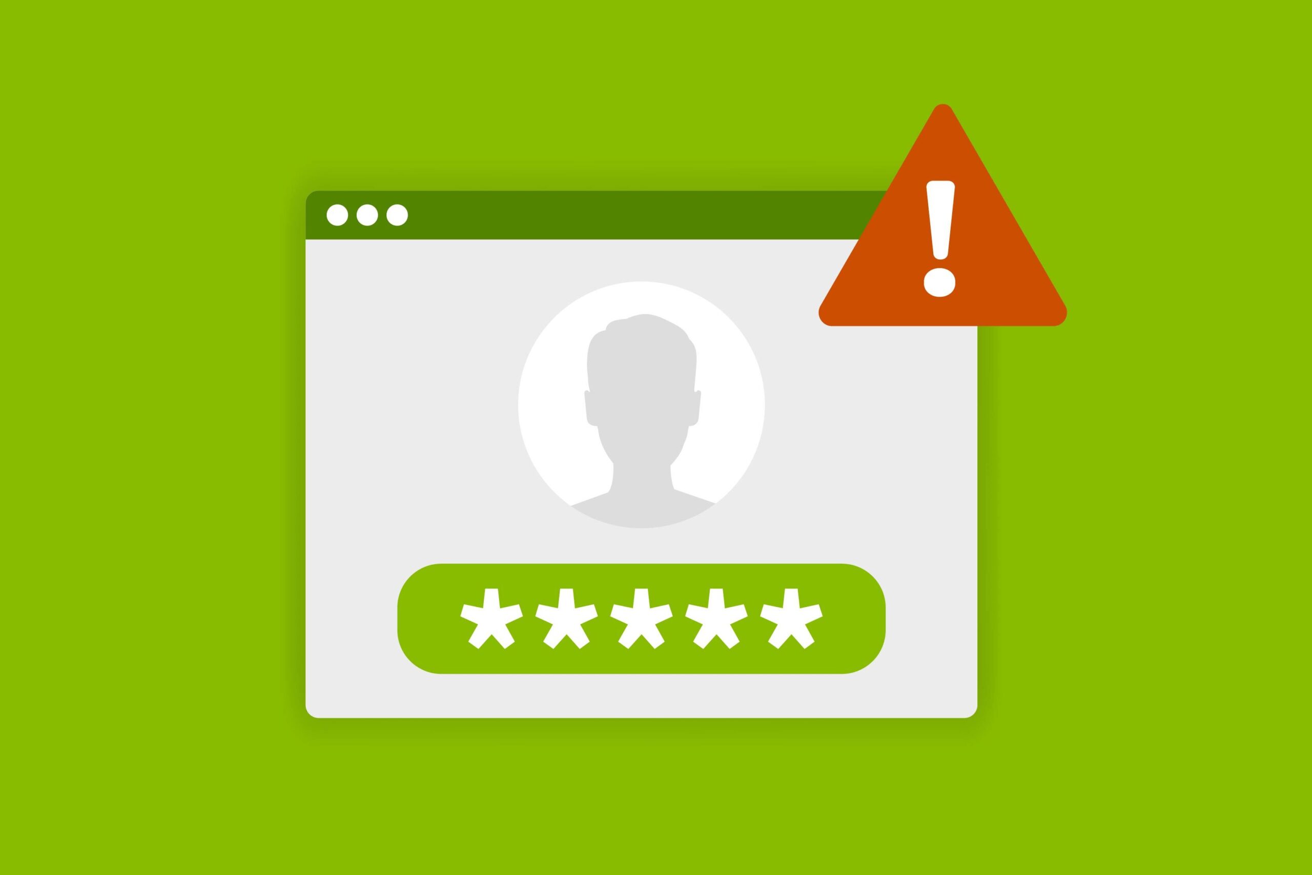 User profile with password and exclamation warning.