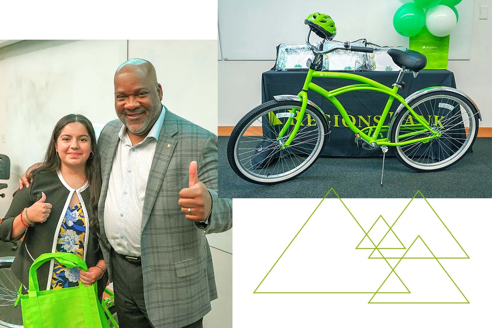 Tyrus Sanders with student and Regions Bike.