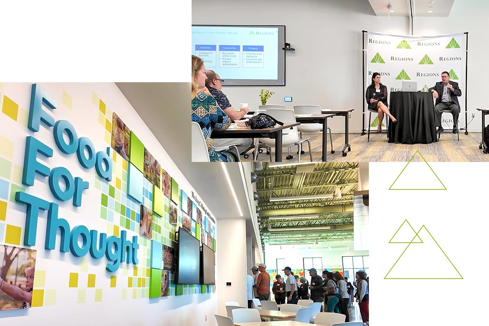 Collage of two images: the interior of the Kids’ Meals building, and Jeff Taylor, head of Commercial Fraud Forensics at Regions, along with Heather Hughes, vice president of Engagement Management with CYPHER Global Emergency Response, leading a 45‑minute interactive seminar for nonprofits.
