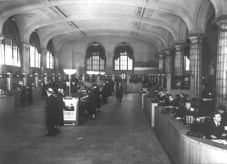 Old black and white photograph of First American Bank Lobby.