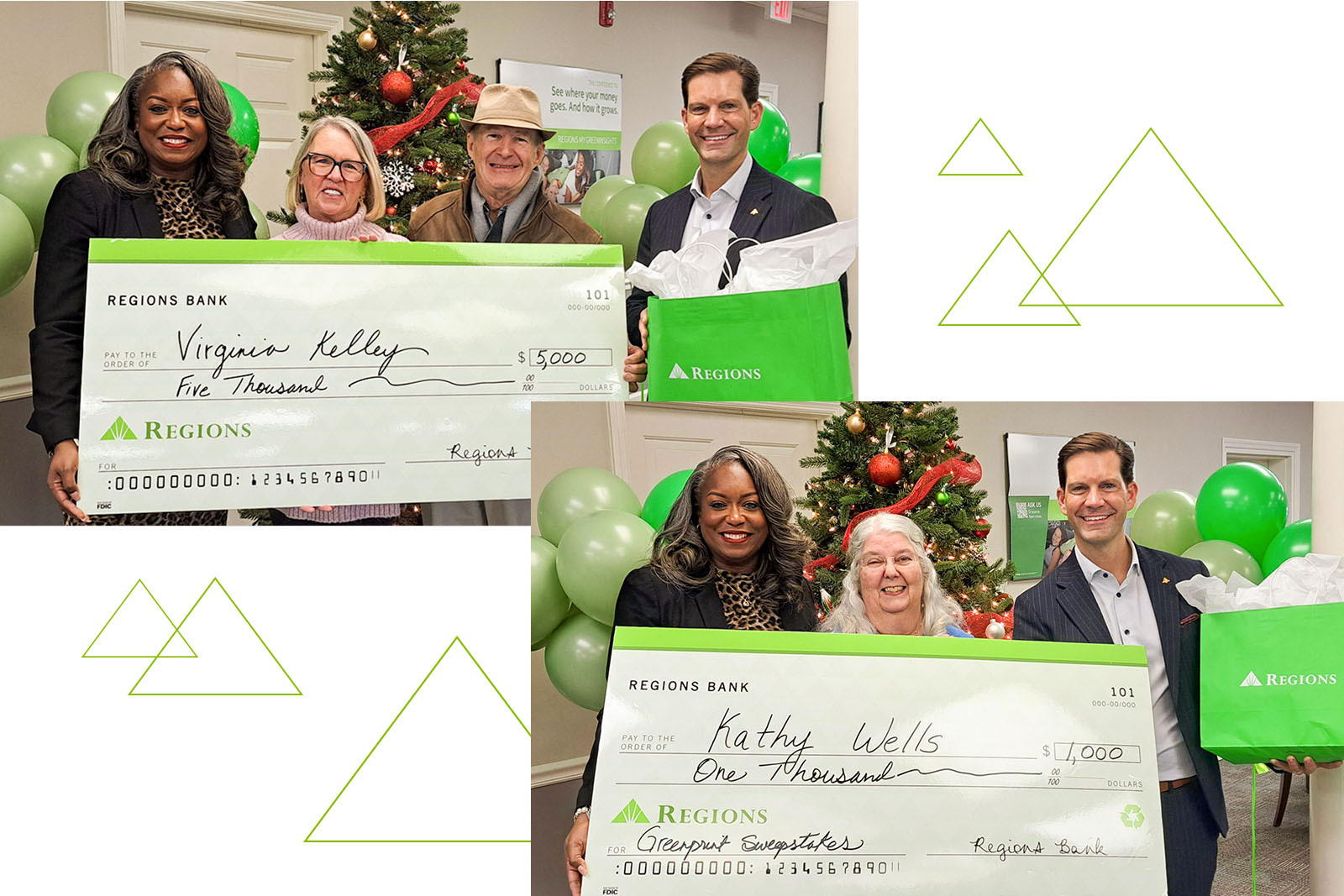 Photo collage of Virginia Kelley and Kathy Wells with giant Regions Greenprint Sweepstakes checks.