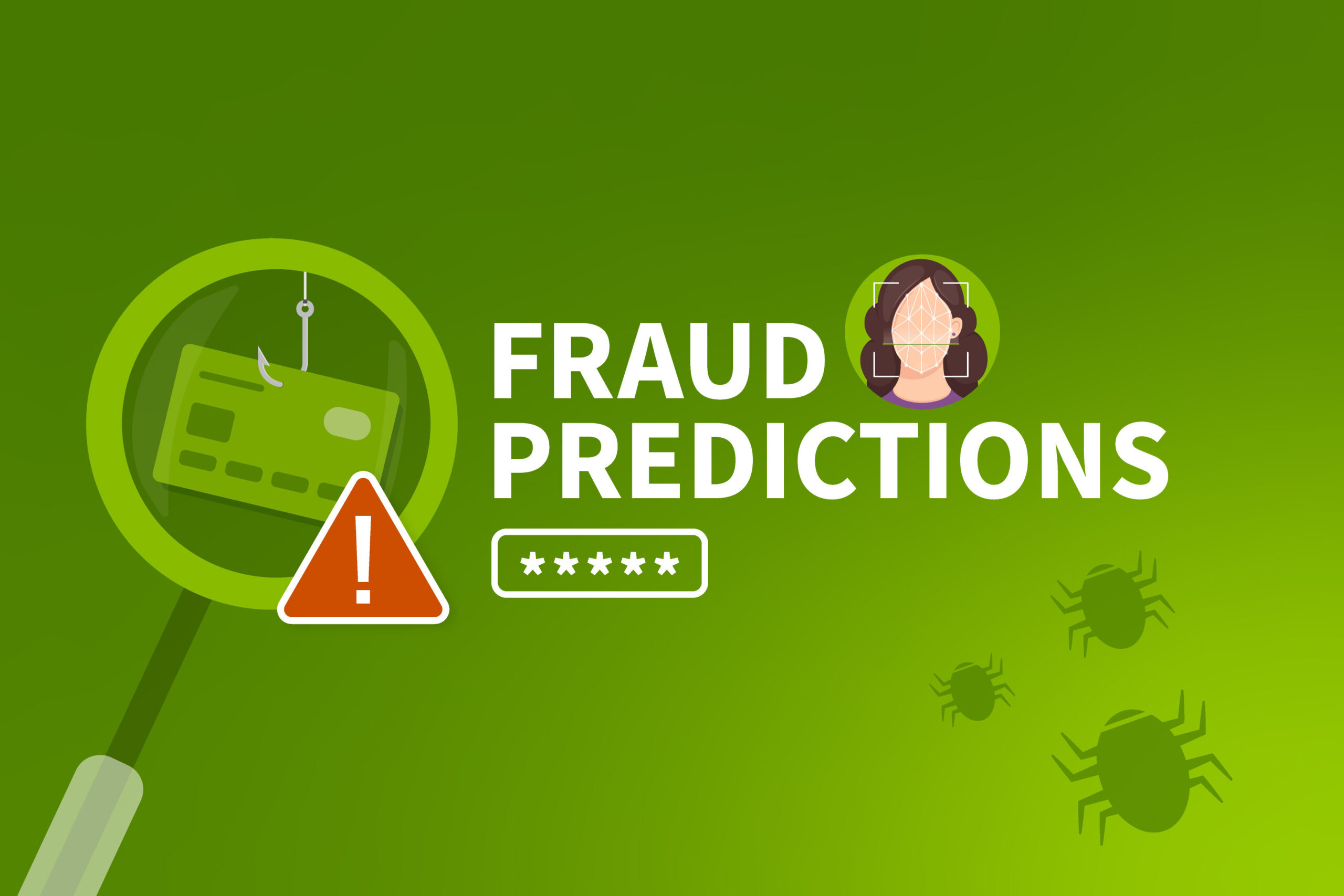Fraud predictions illustration with magnifying glass with phishing credit card,...