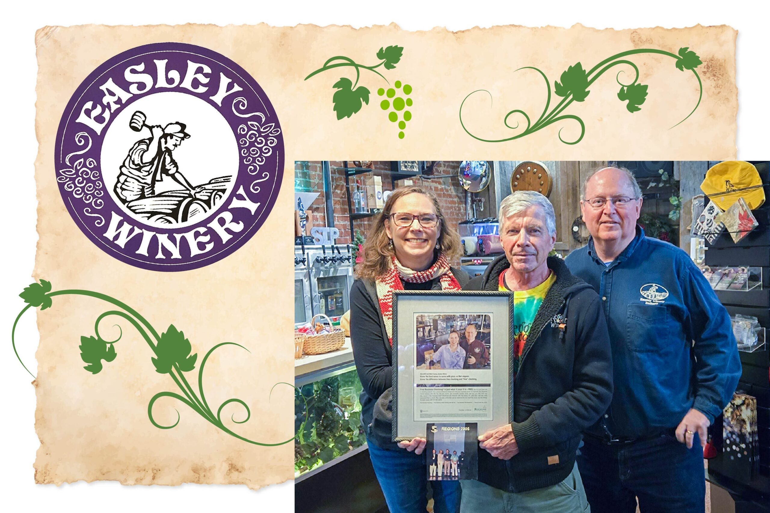 Easley Winery logo and owners with framed photo.