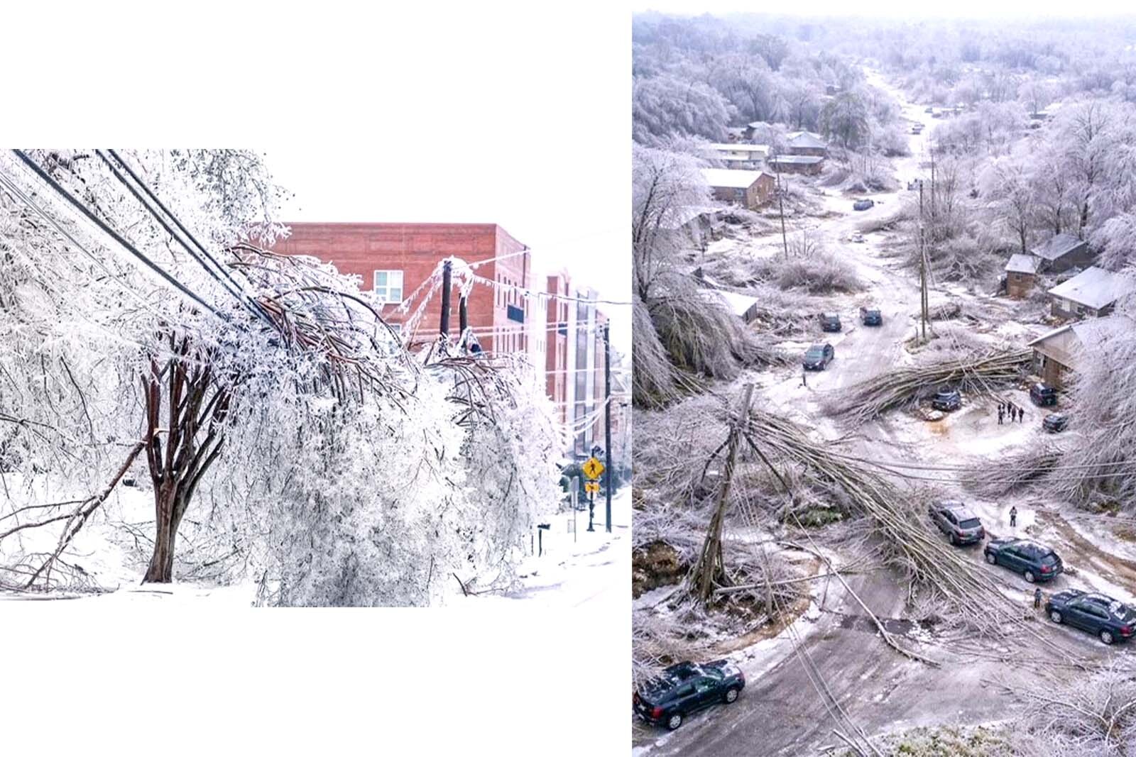 Severe winter storm damage in Oxford, Mississippi.