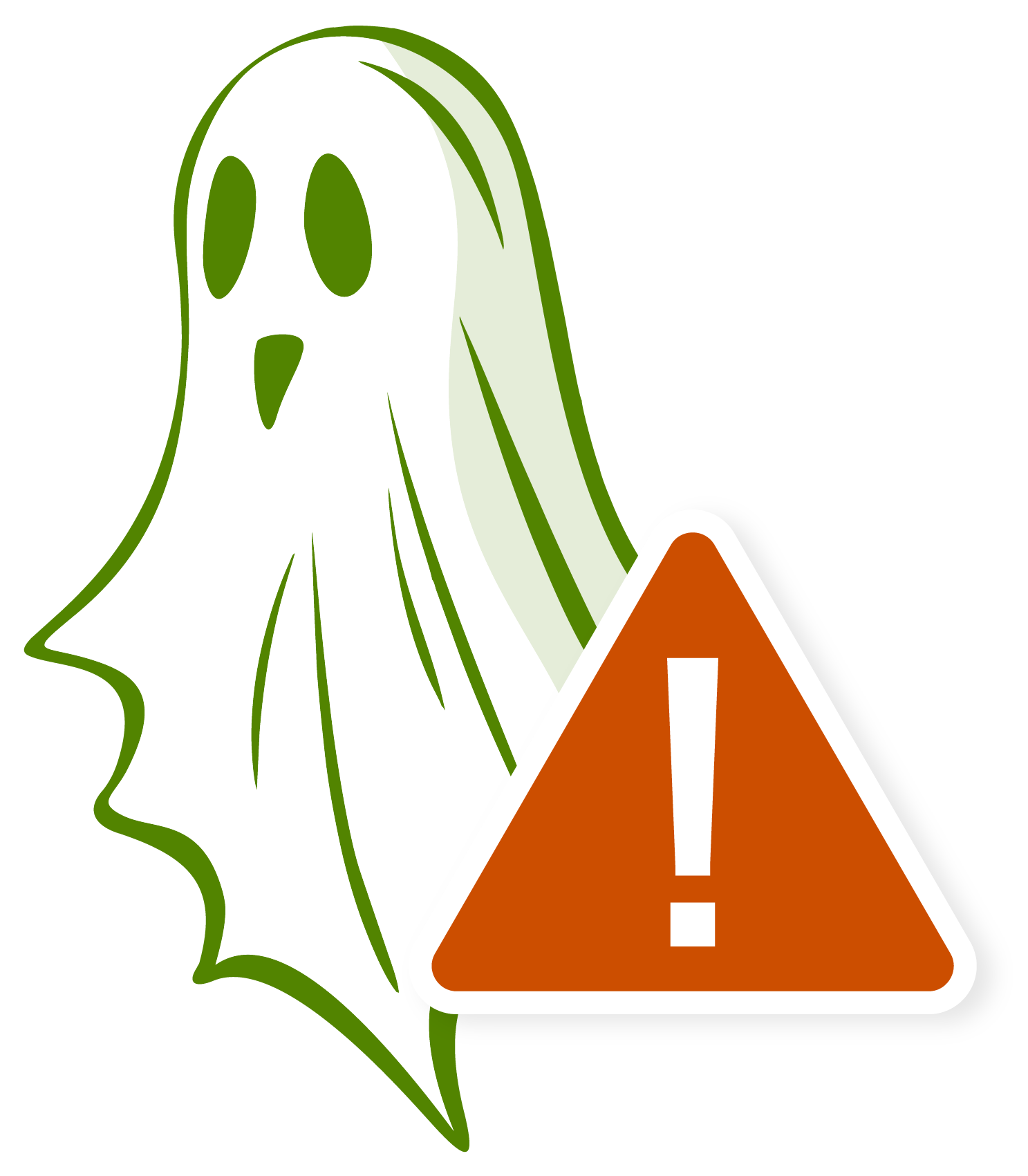 Illustration of a ghost next to a warning sign with an exclamation mark.