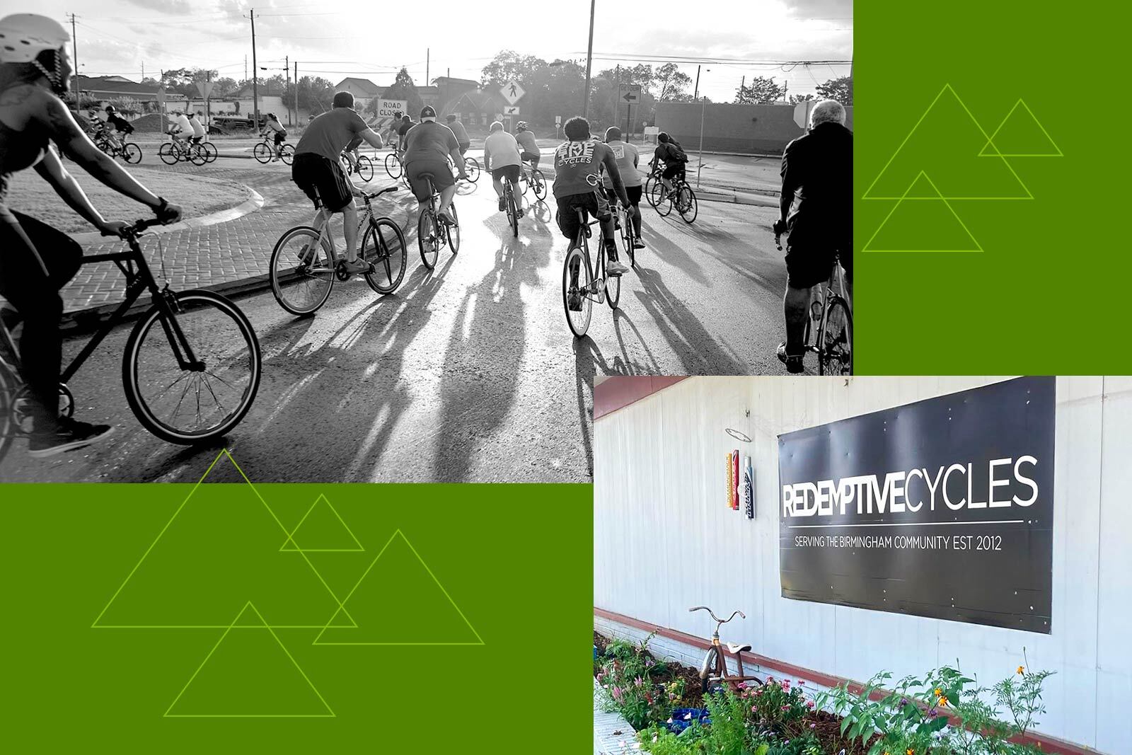 Redemptive Cycles, a Birmingham nonprofit bicycle shop sign and people biking outside.