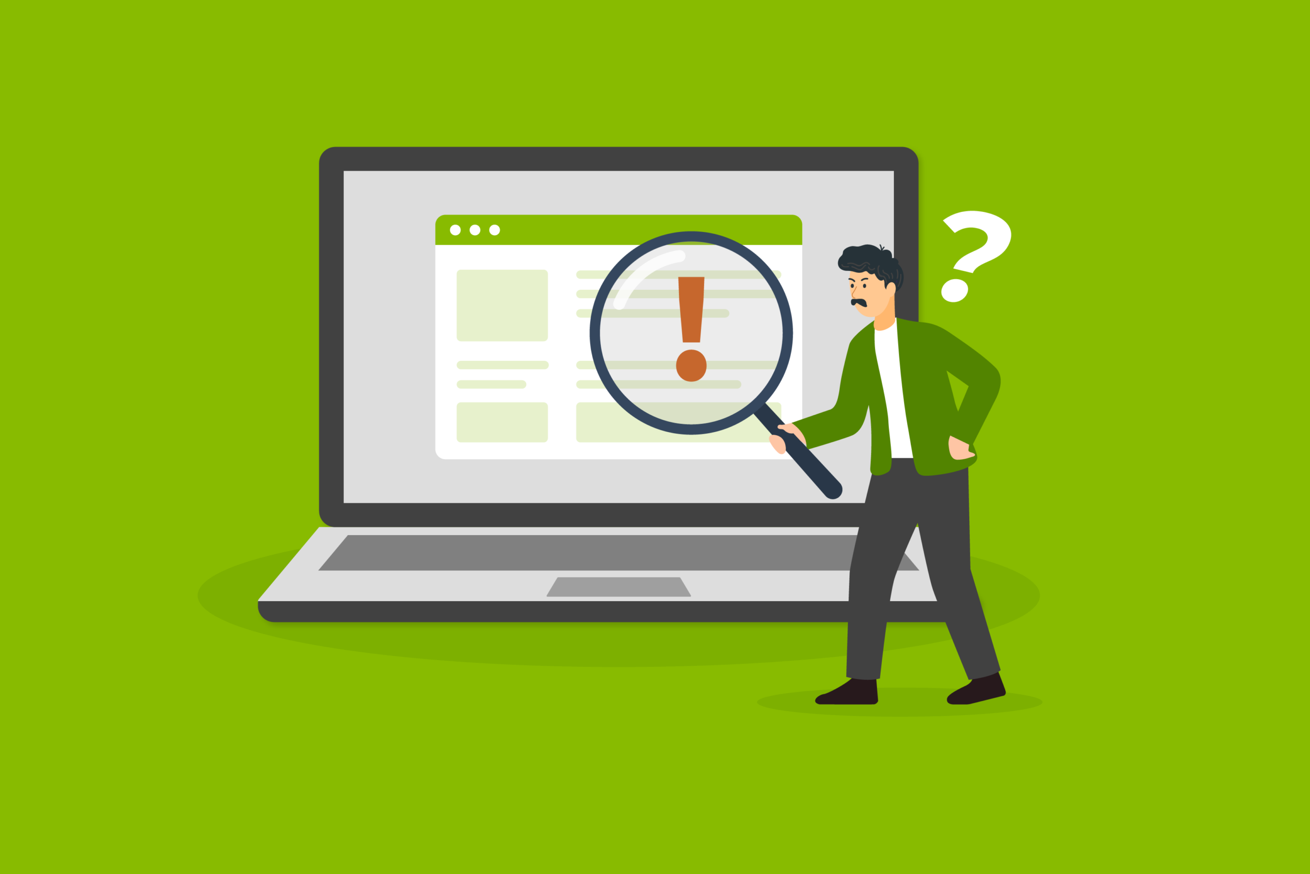 Illustration of a laptop and a man with a magnifying...