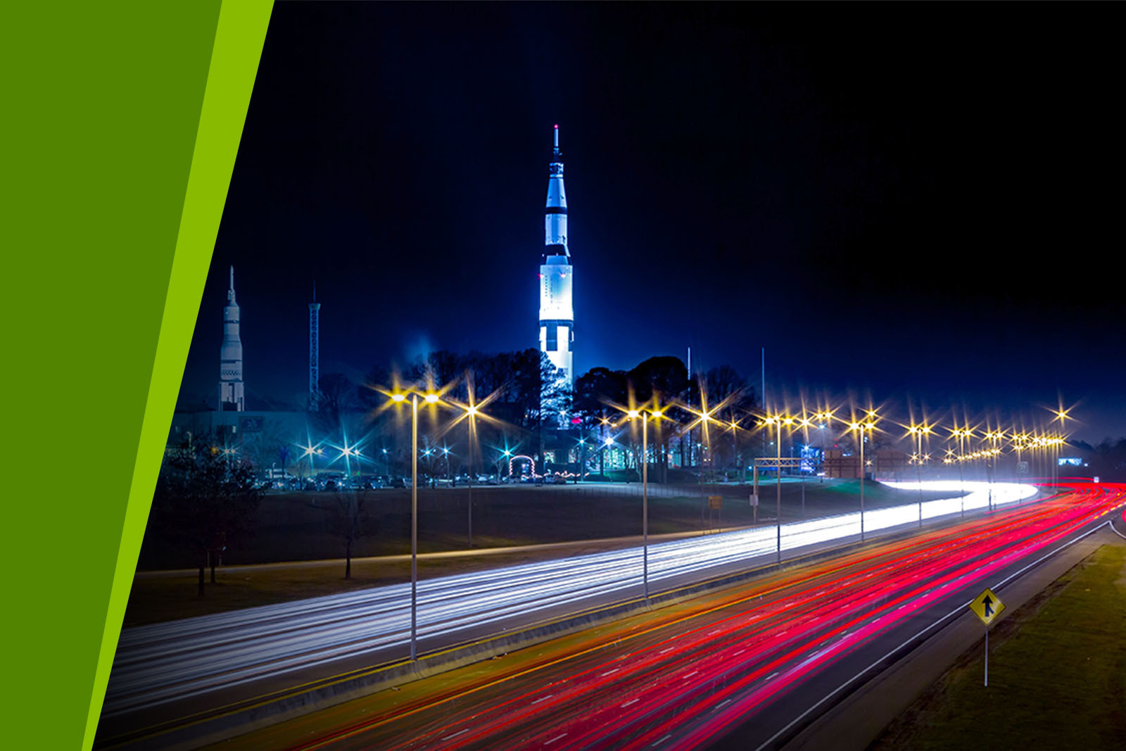 Night time photo of the U.S. Space and Rocket Center...