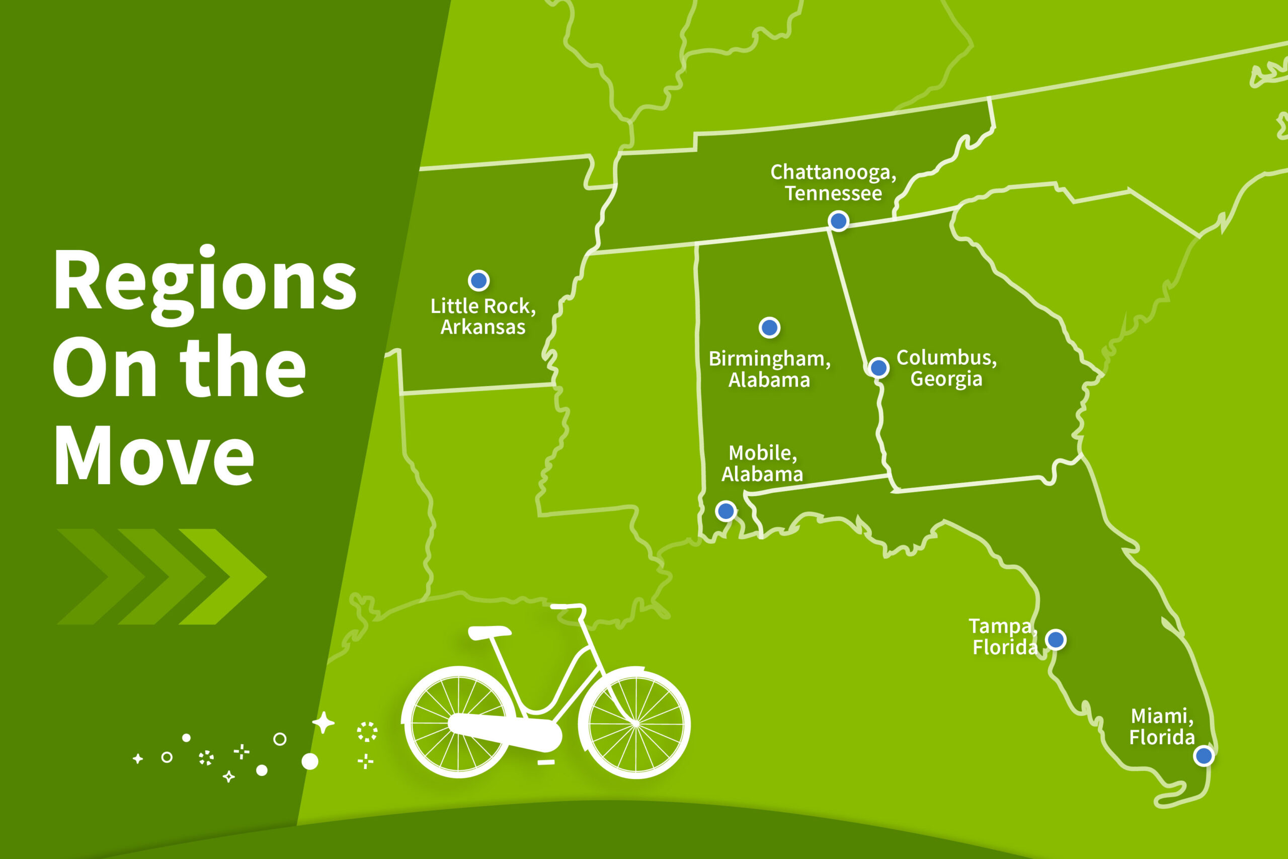 Illustrated, monochromatic, green map showing the southeastern section of the...