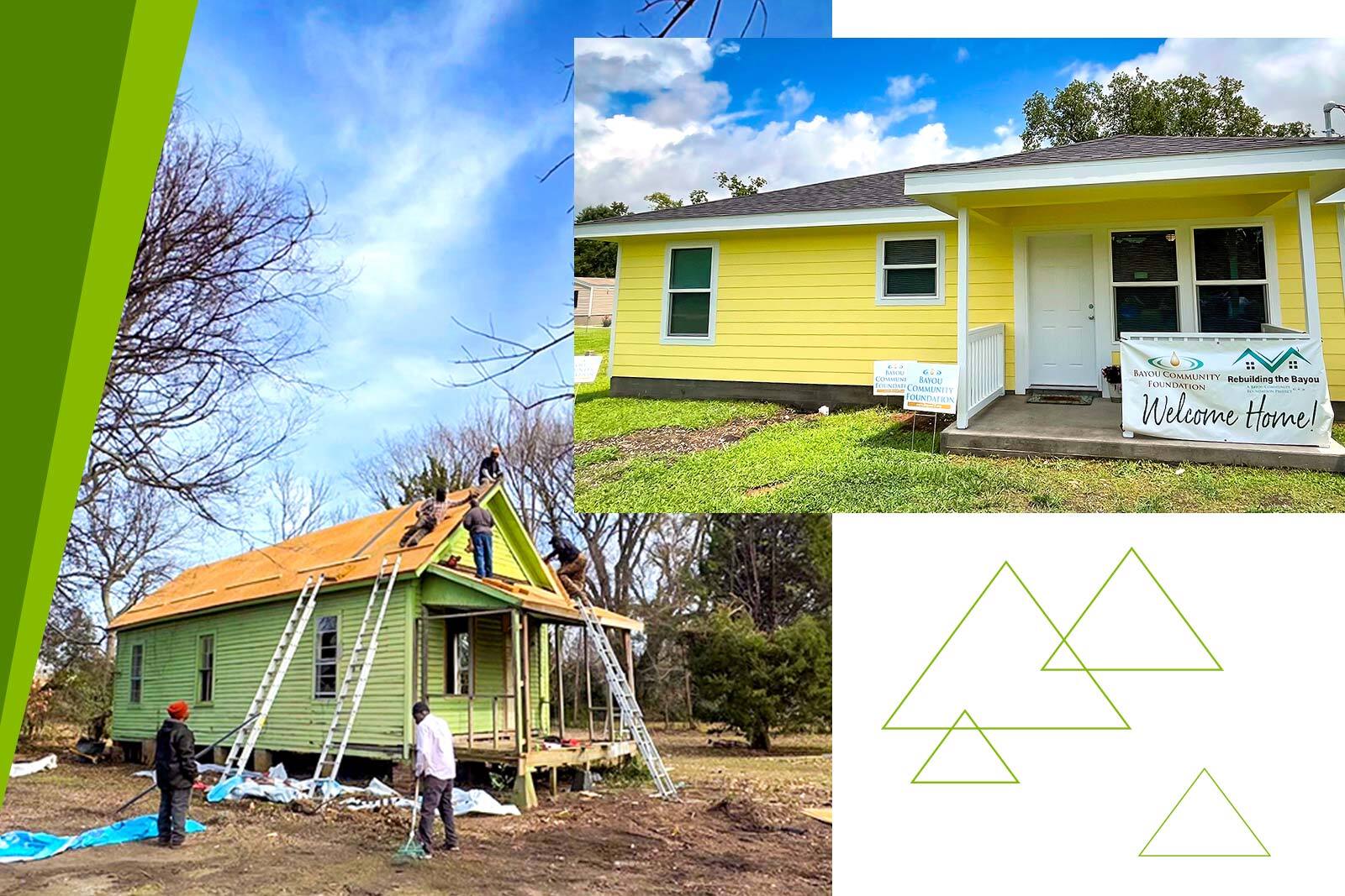 Collage showing a new yellow single‑story home with a ‘Welcome...