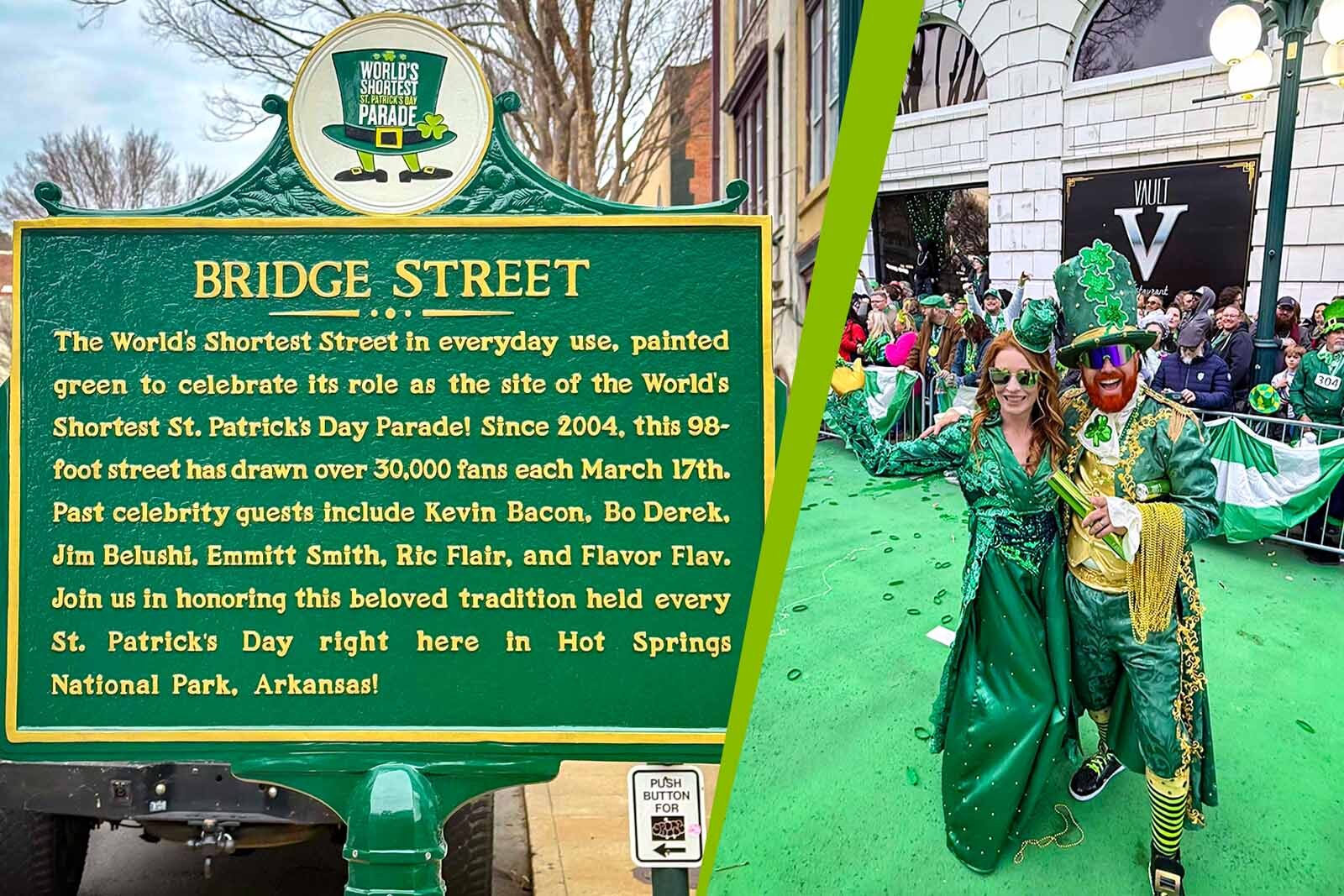 Bridge Street sign, with explanation of the World's Shortest St. Patrick's Day Parade and King and Queen of parade.