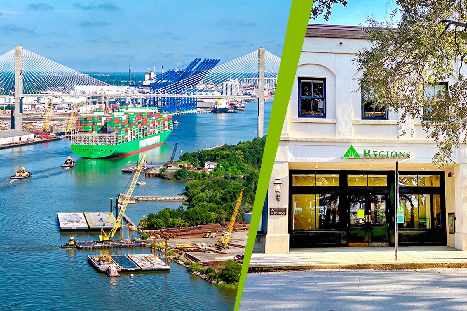 Large cargo ship entering Garden City Terminal and Regions Savannah branch exterior.